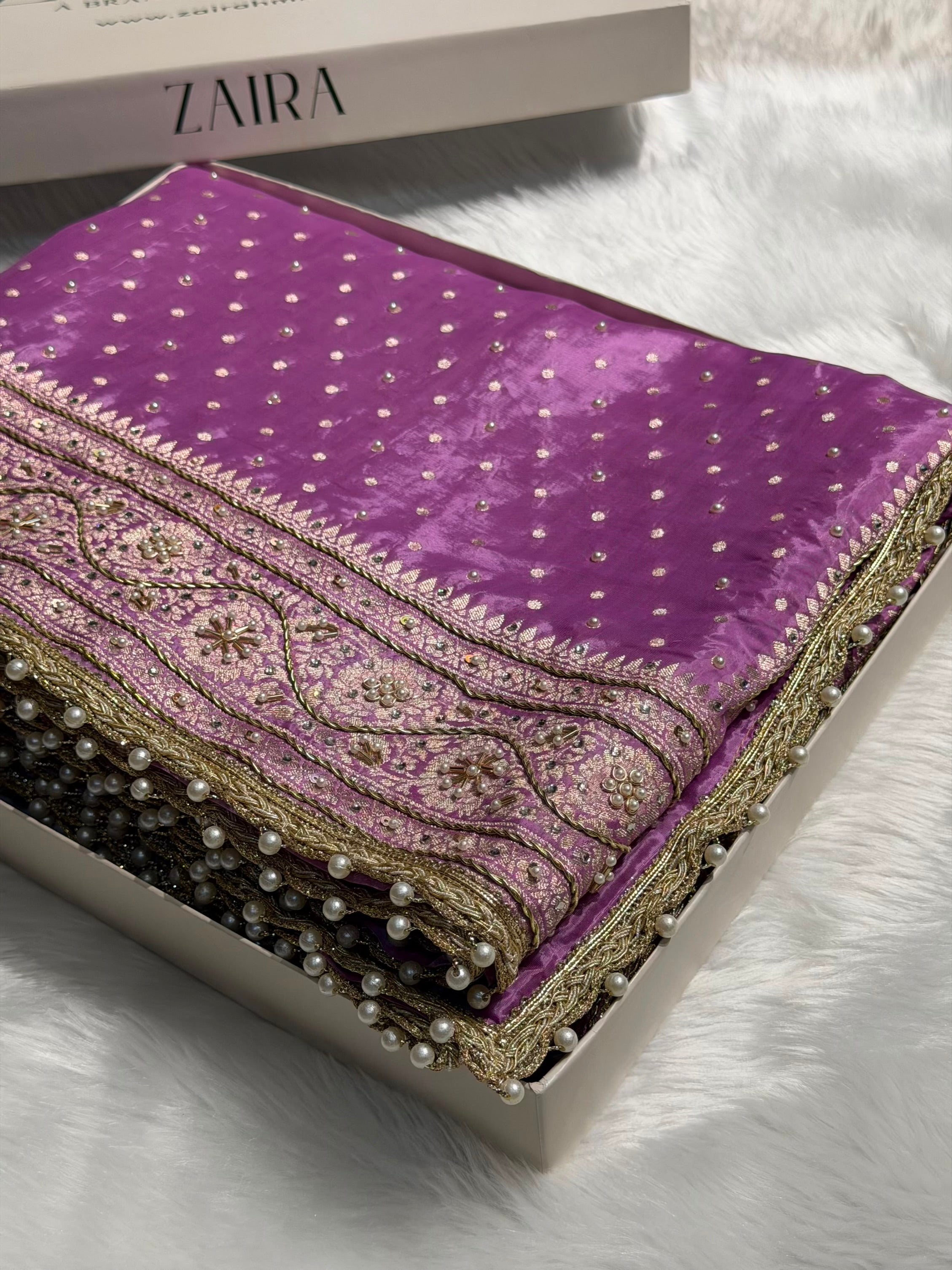 Lavender Shades Border Crepe Silky Katan With Ari Zardozi & Gotta Patti Work Banarasi Saree BCSKGP-06