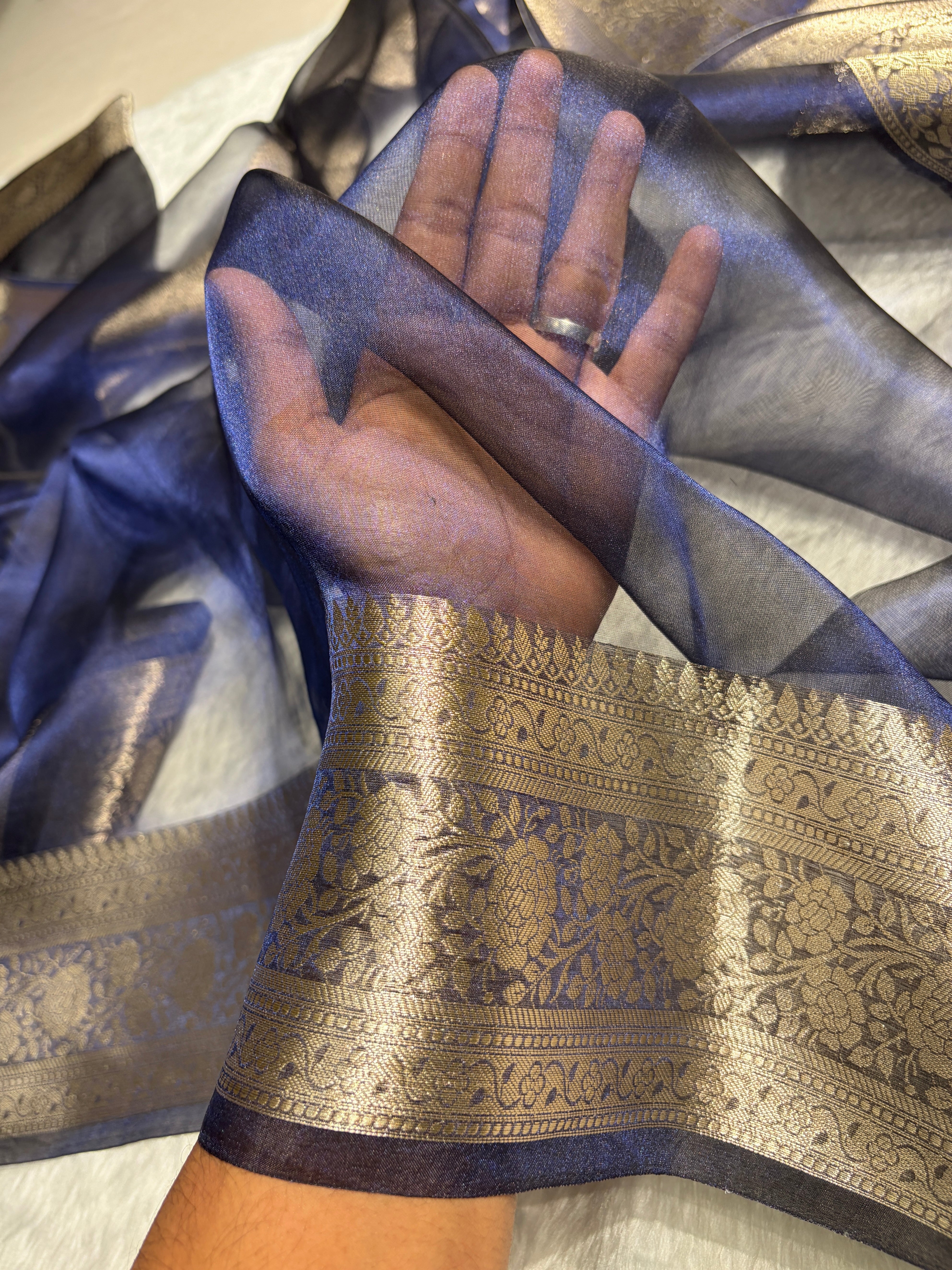 Navy Blue Shades Pure Tissue Silk Saree with Brocade Blouse PT-08