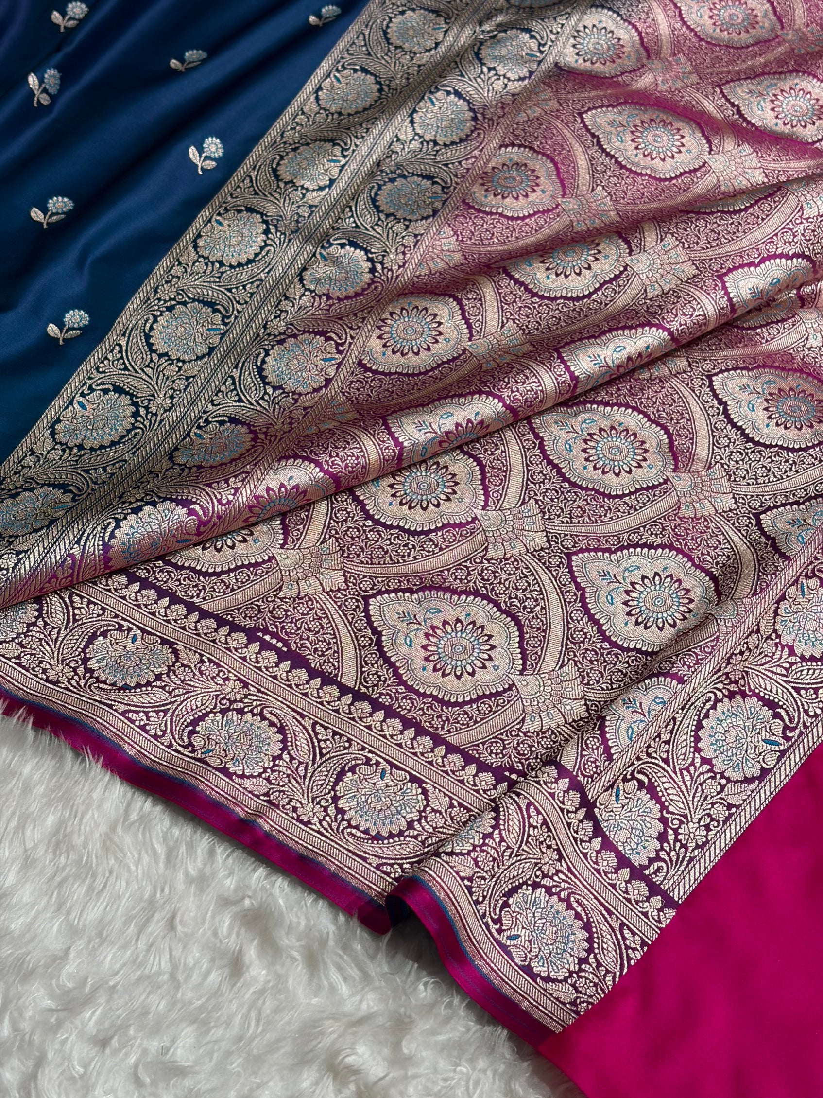 German Blue / Rani Shades Banarasi Booti Pattern Mashru Silk Saree MSM-137