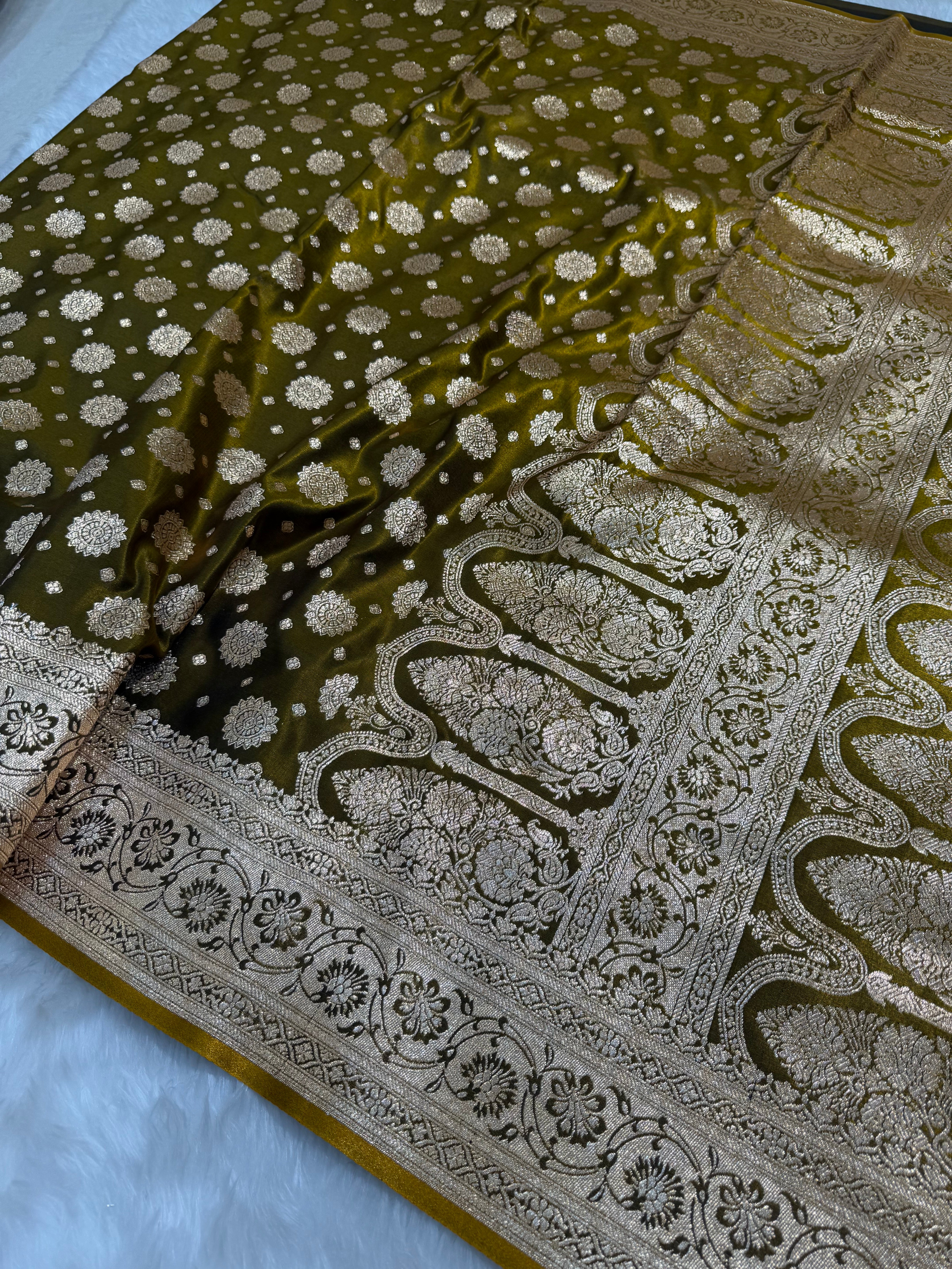 Satin Silk Booti Boota in Mehandi Shades