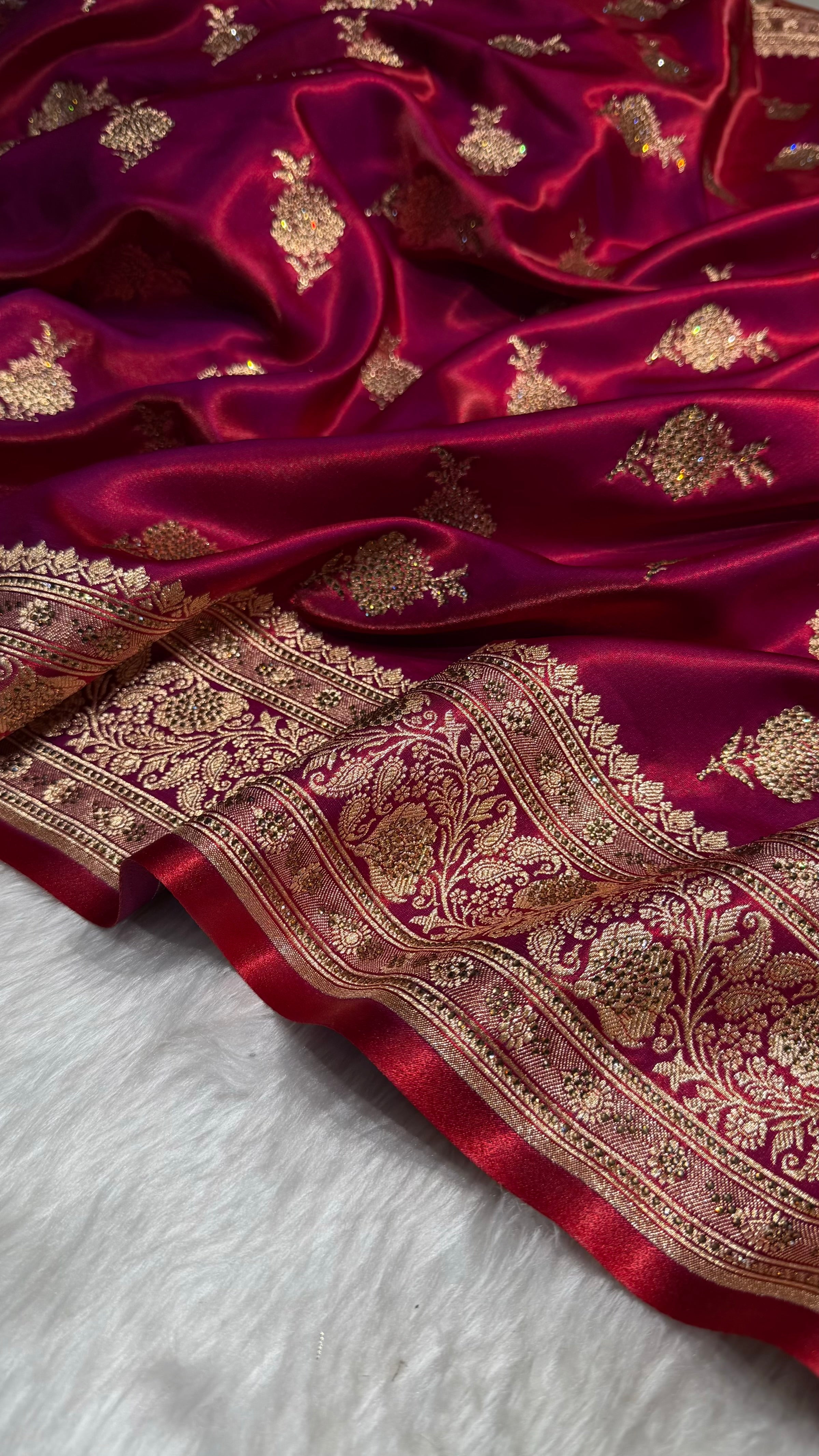 Satin Silk Saree Swarovski Work Floral Boota in Reddish Magenta Shades BSS26