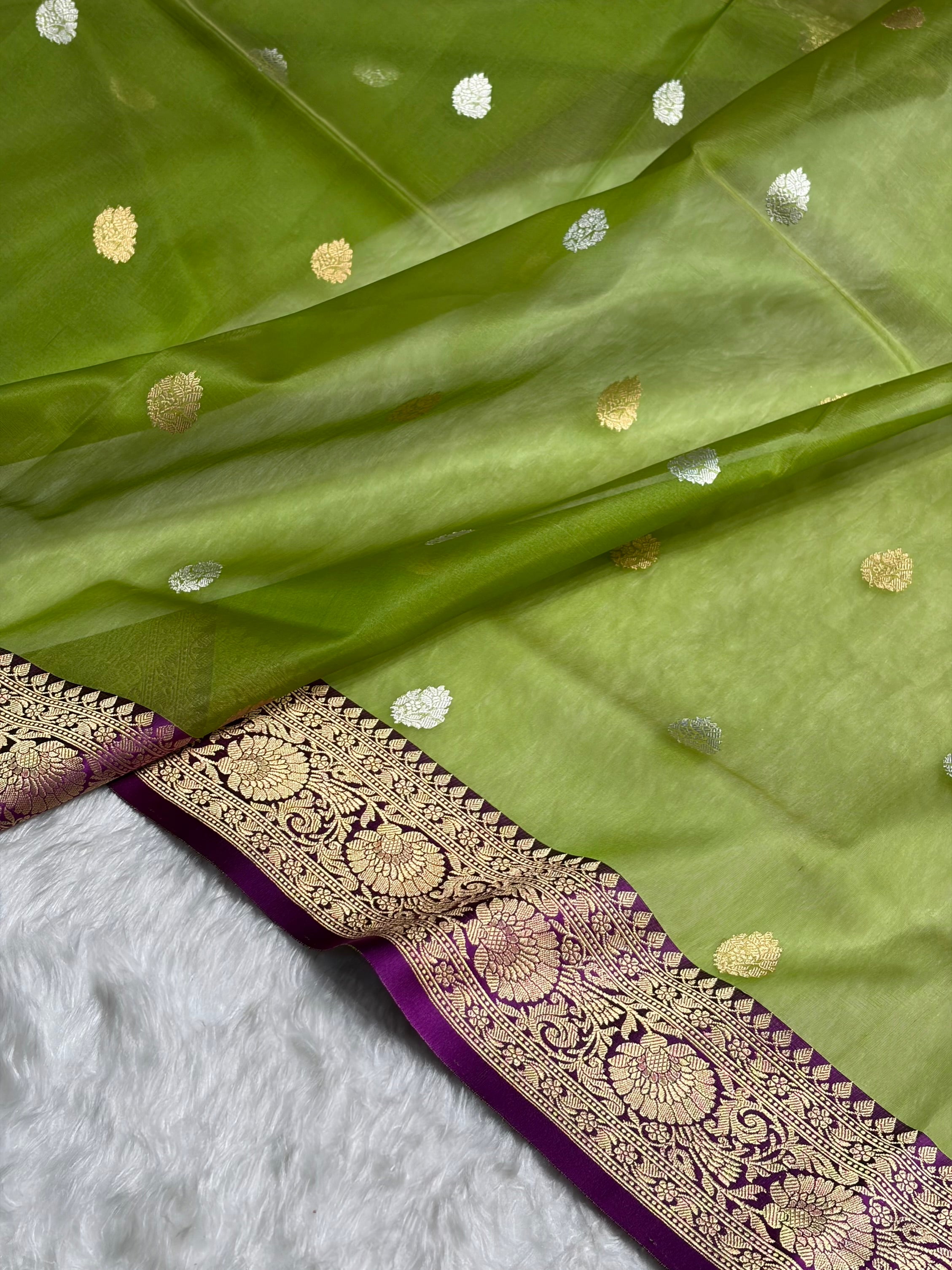 Contrast Pure Banarasi Organza Light Green With Wine Floral Banarasi Silk Saree PO-11