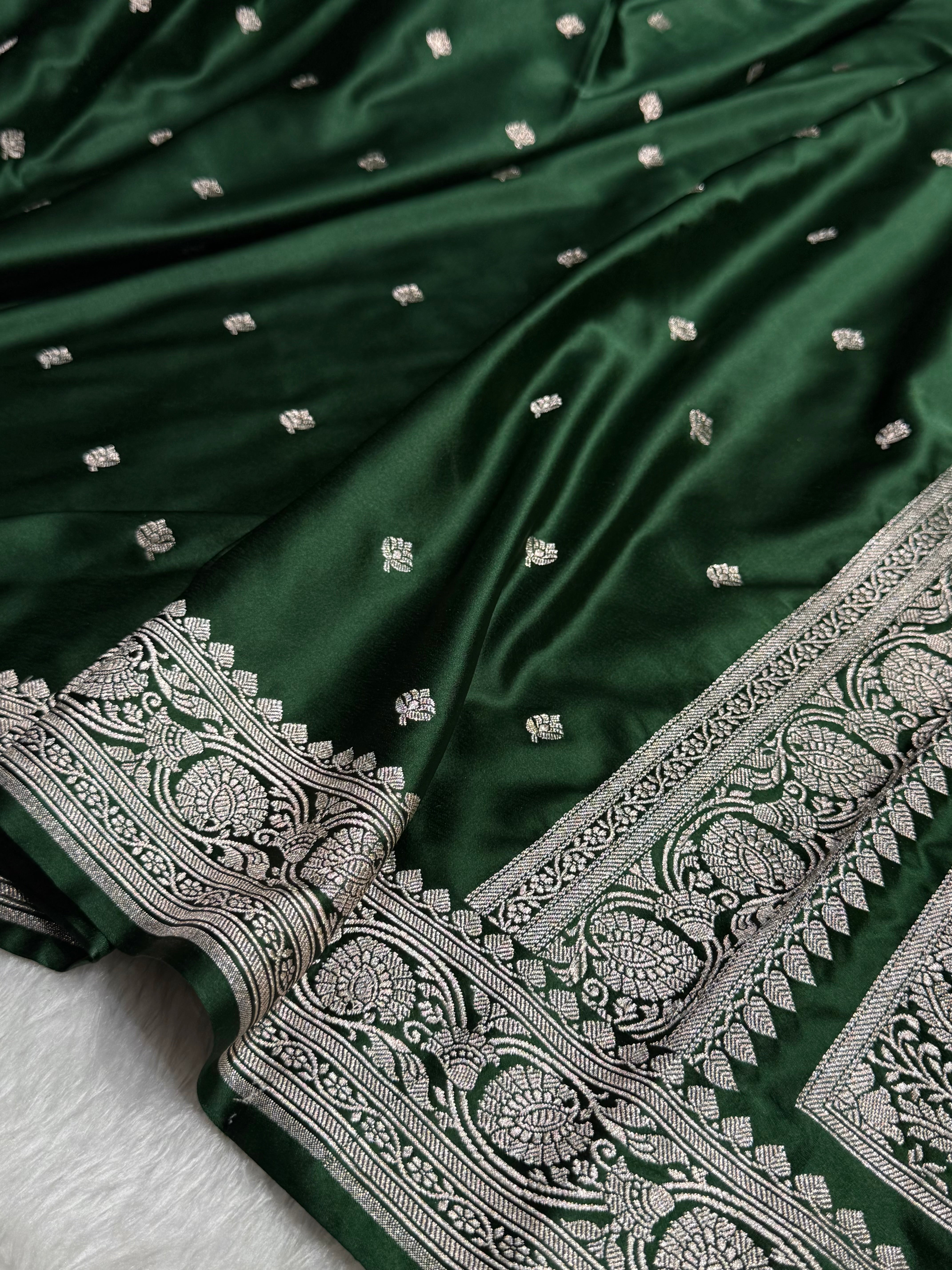 Booti Motif In Dark Mehandi Mashru Silk Saree