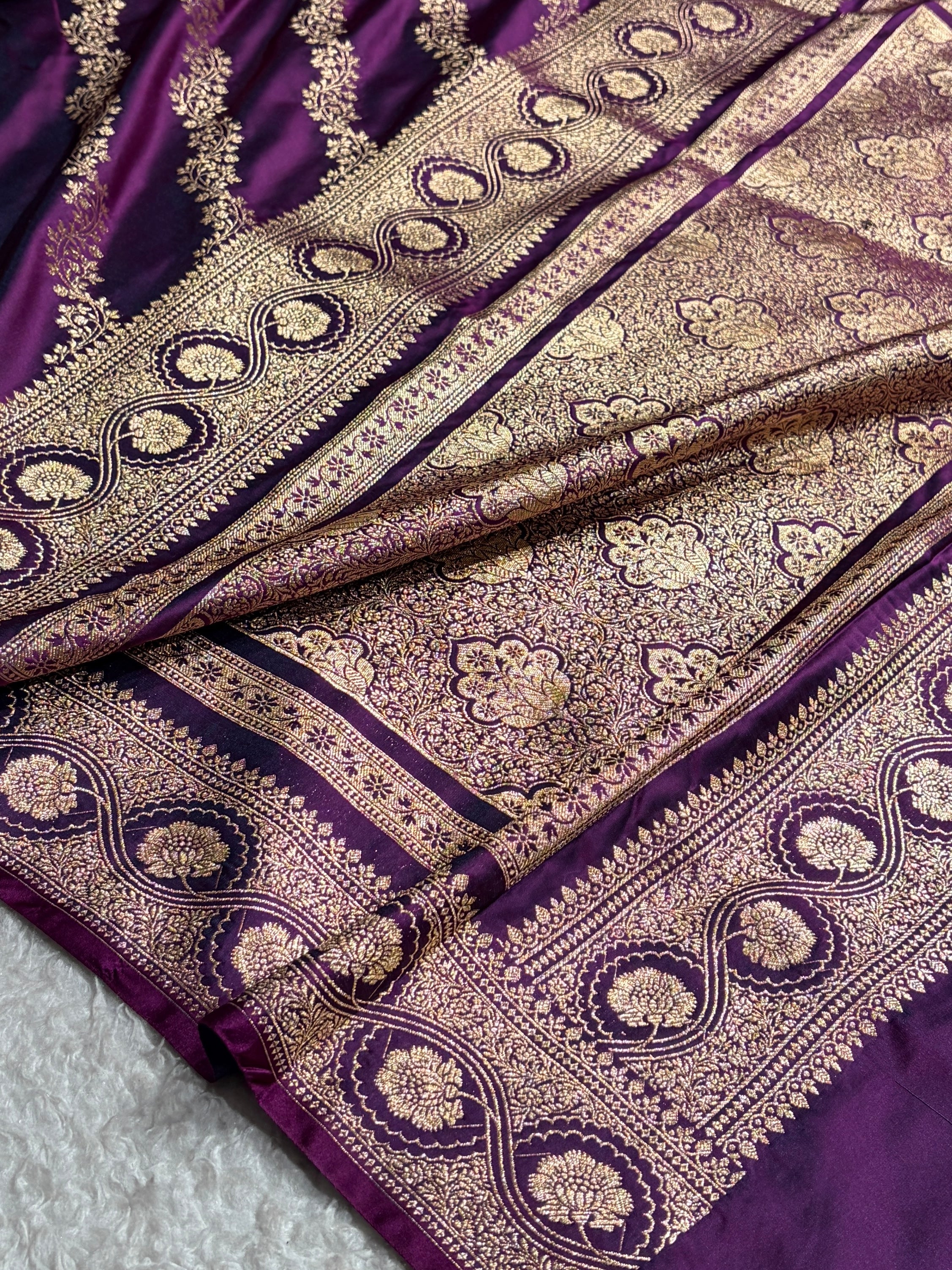 Wine Floral Cross Pattern Satin Katan Silk Saree SK74