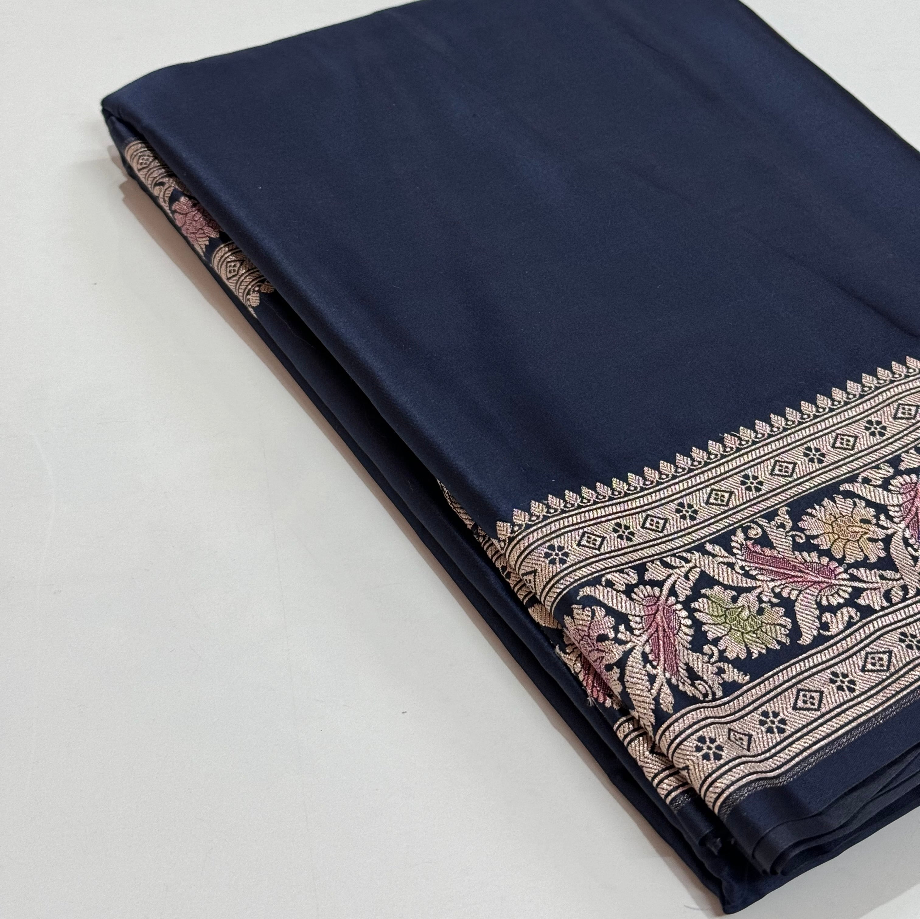 Dark Navy Plain Mashru Silk Saree with blouse stitch added