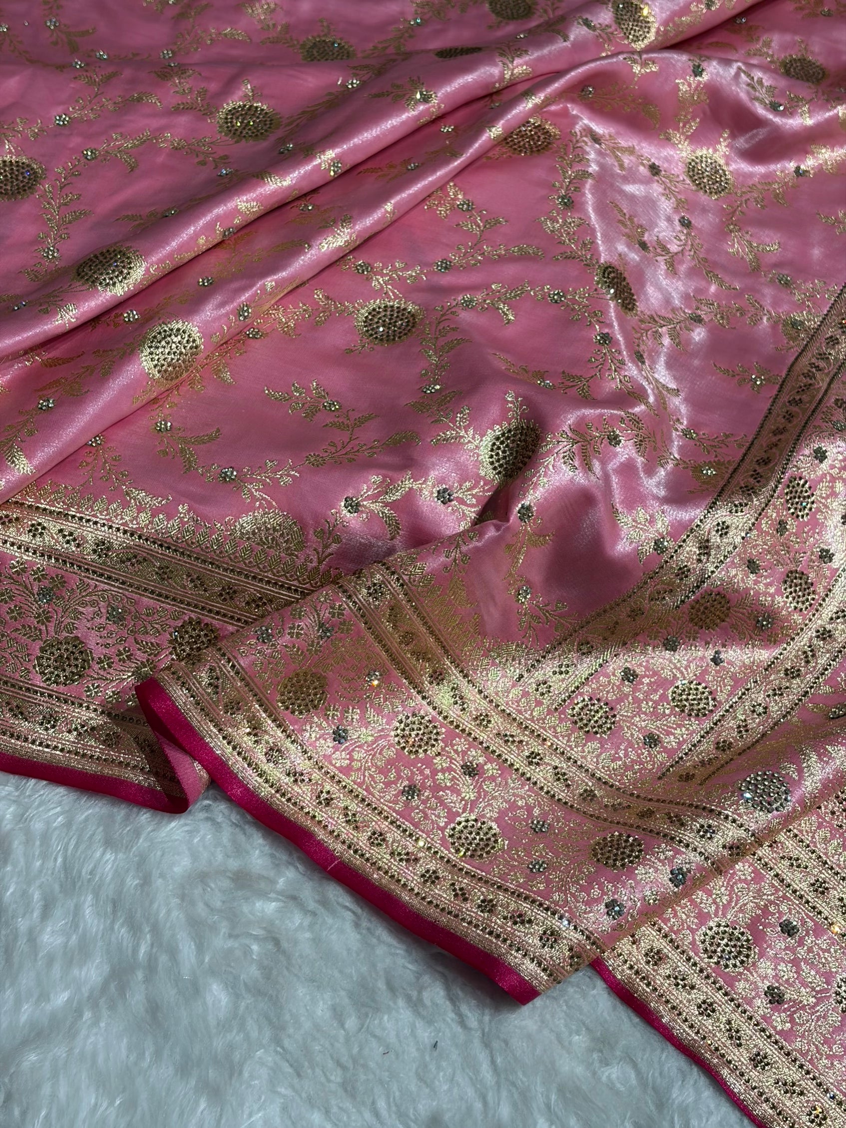 Light Weight Baby Pink Satin Silk Saree with Swarovski work BSS14