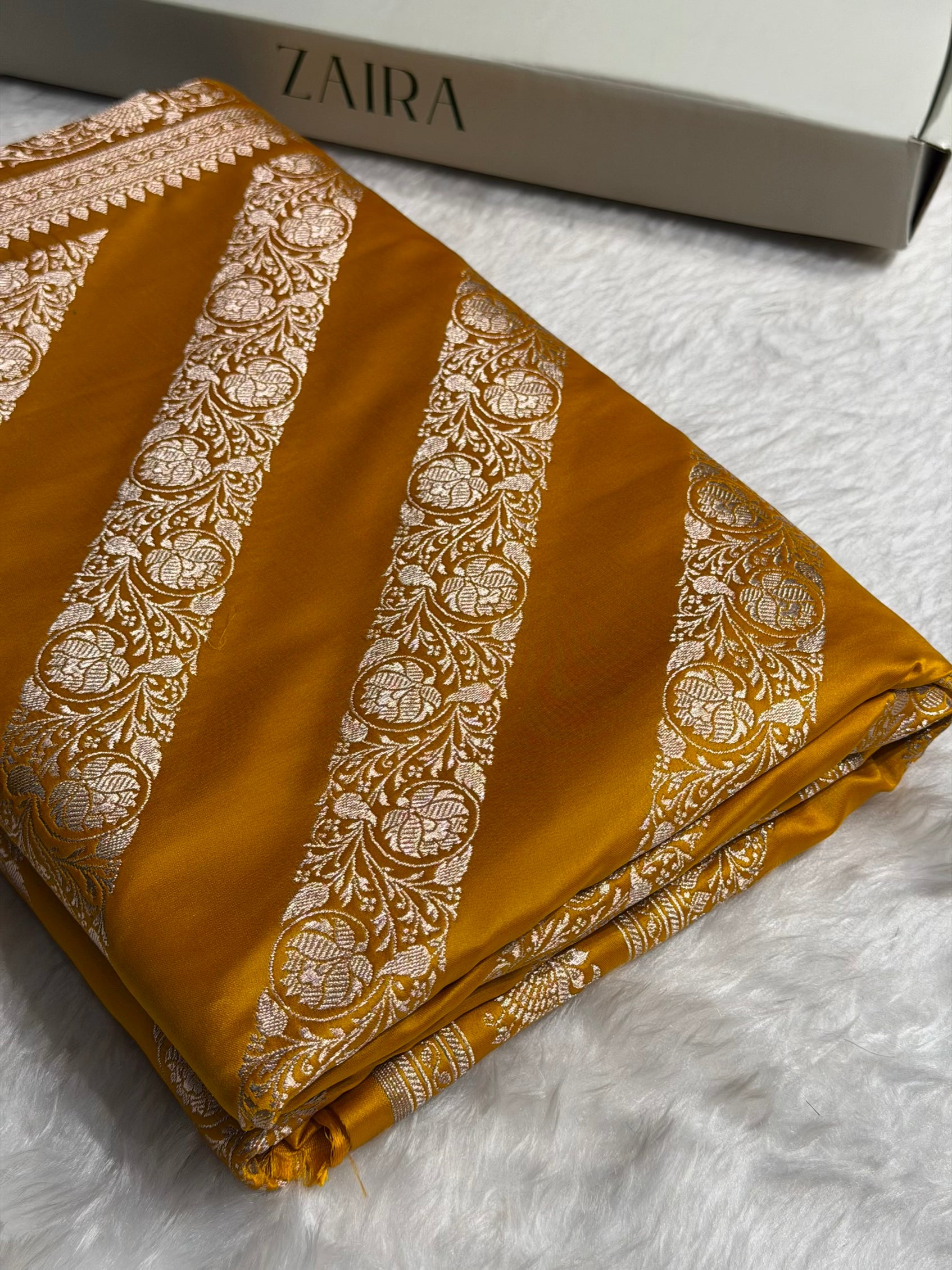 Mustard Shades Banarasi Cross Pattern Floral Mashru Silk Saree MSM-102