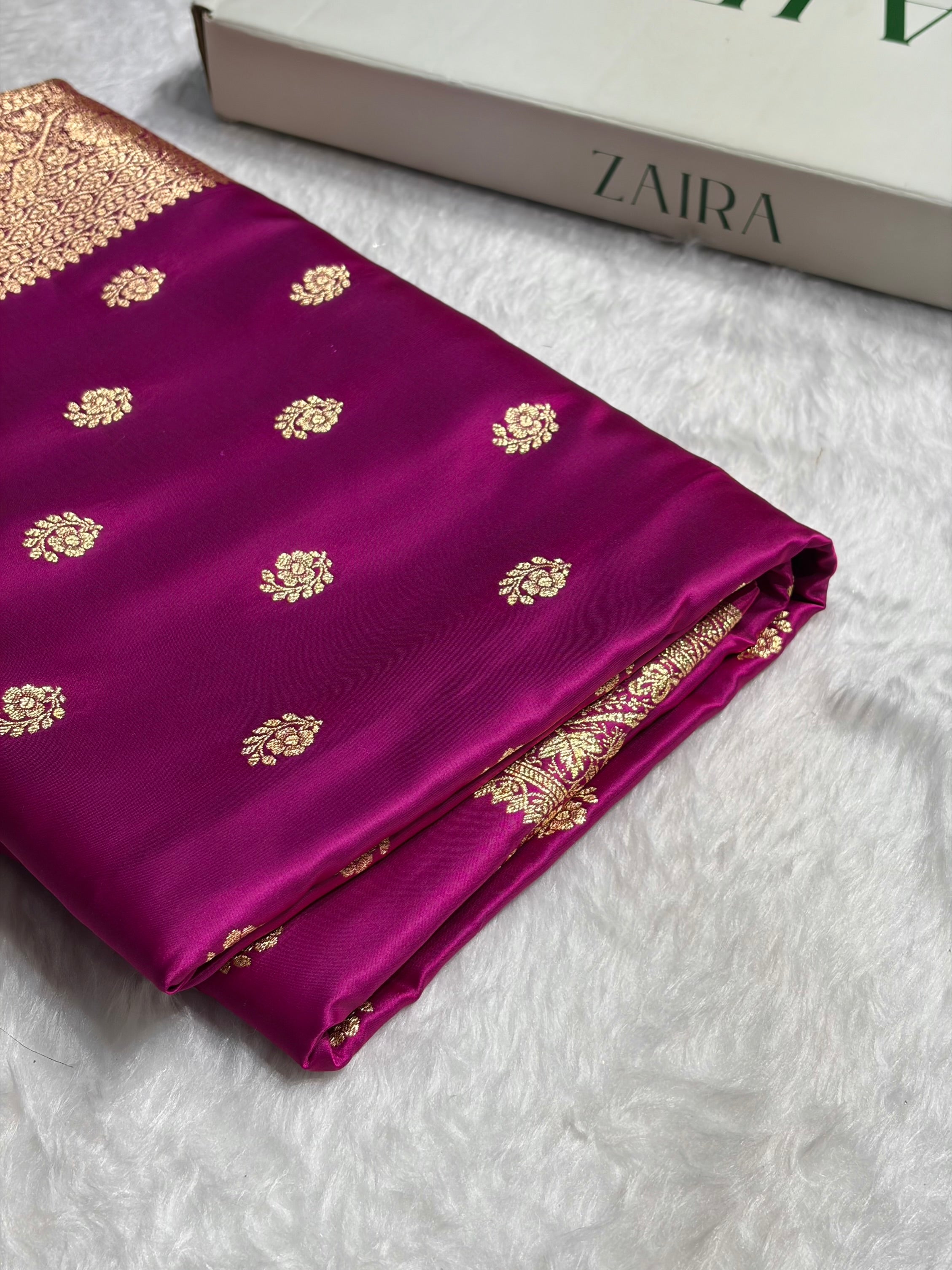 Magenta Floral Boota Pattern Satin Katan Silk Saree SK72