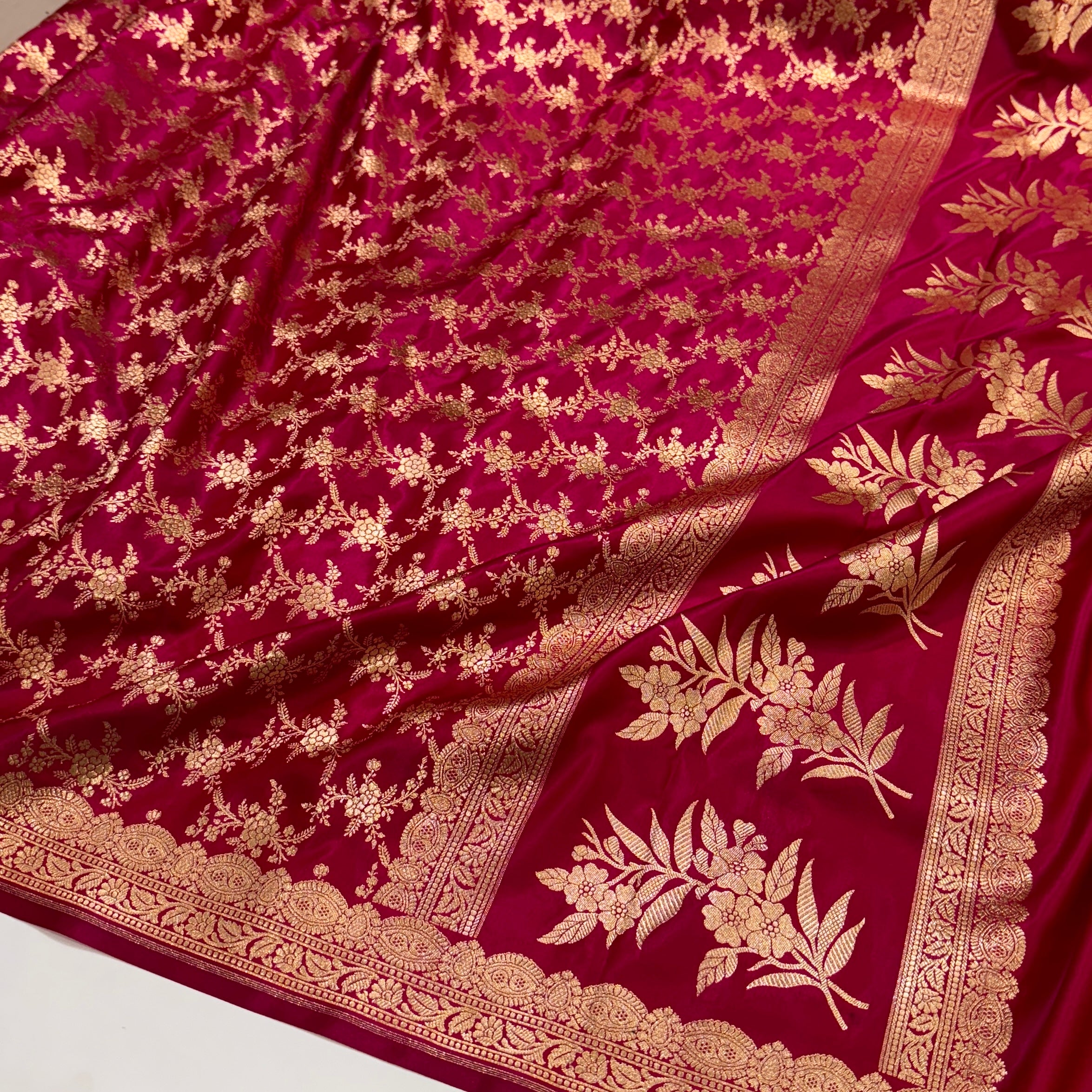 Light Wight Satin Silk Jaal in Rani Shades with brocade Blouse SS16