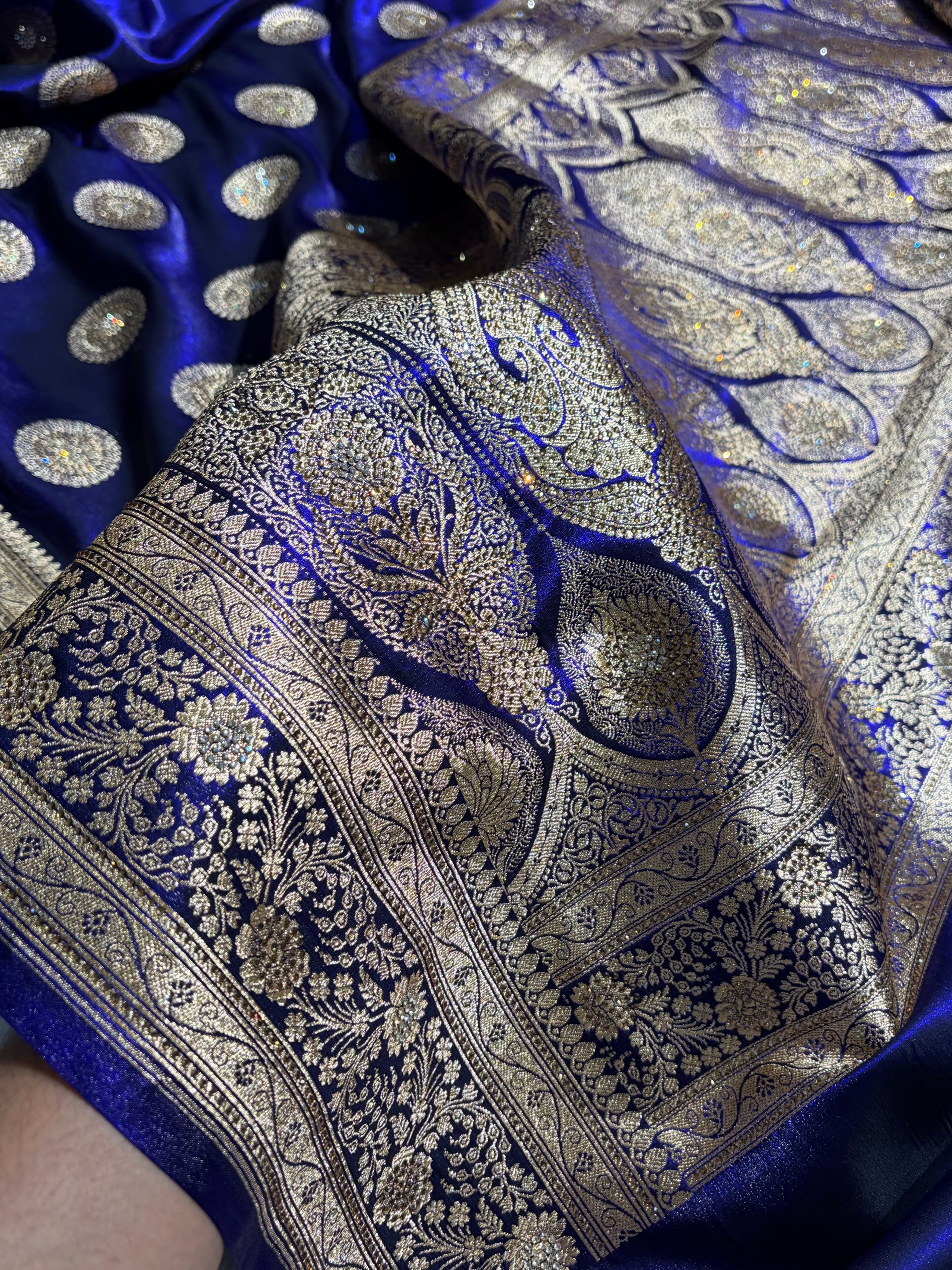 Royal Blue Shades Banarasi With Swarovski Stone Work Satin Silk Saree BSS33