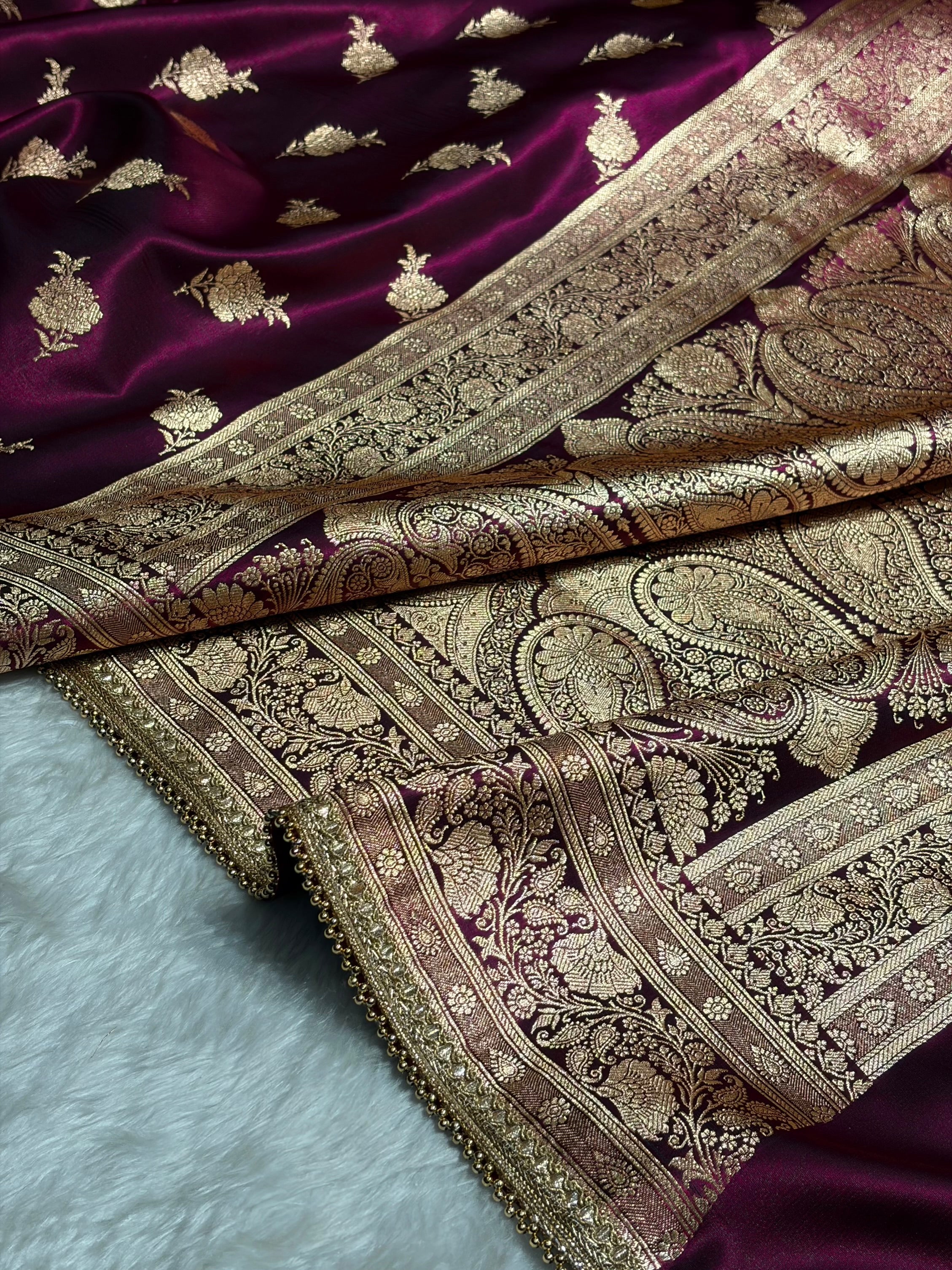 Banarasi Satin Silk Saree With Gotta Patti Floral Boota in Wine Shades SSGP26