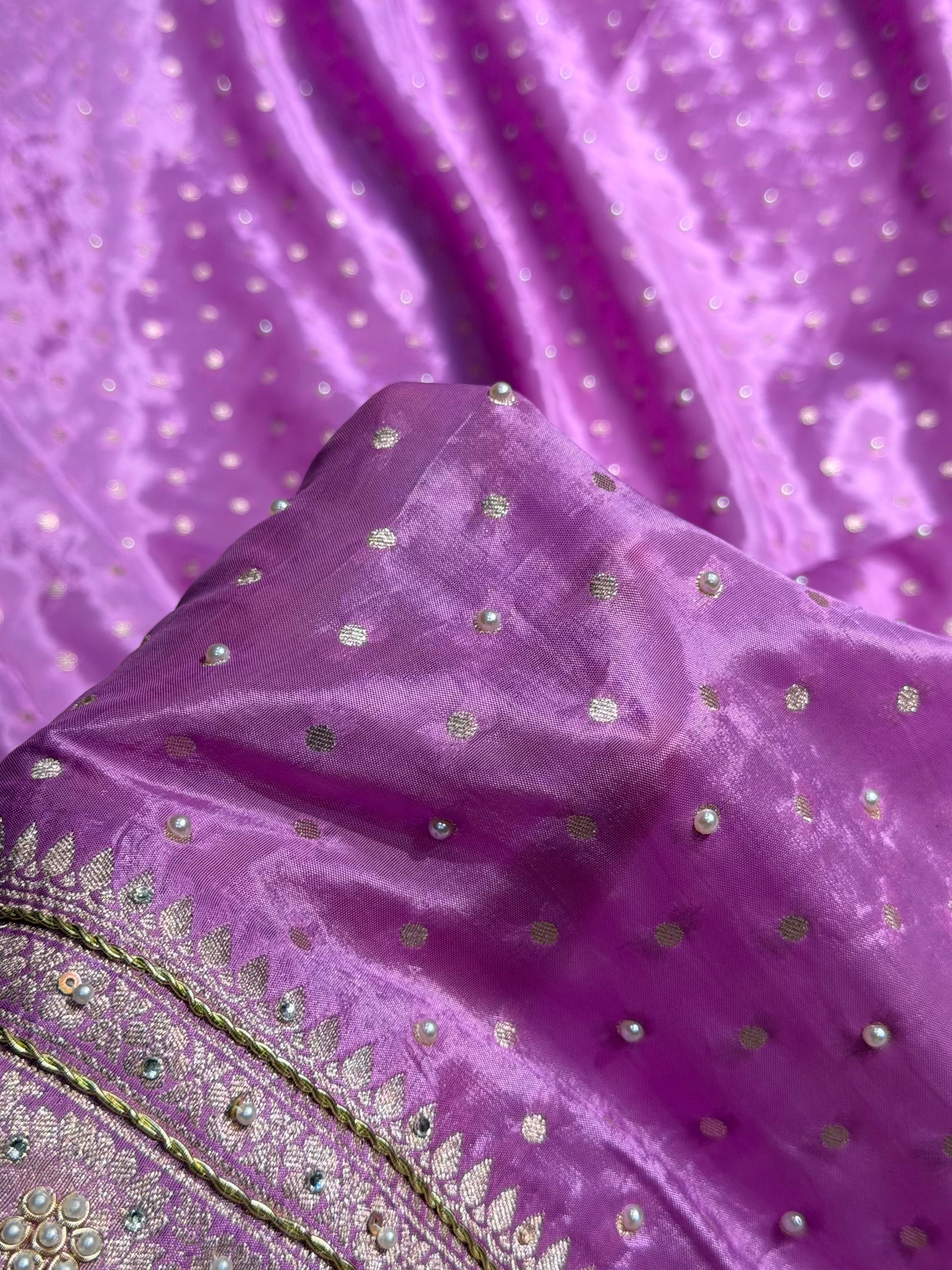Lavender Shades Border Crepe Silky Katan With Ari Zardozi & Gotta Patti Work Banarasi Saree BCSKGP-06
