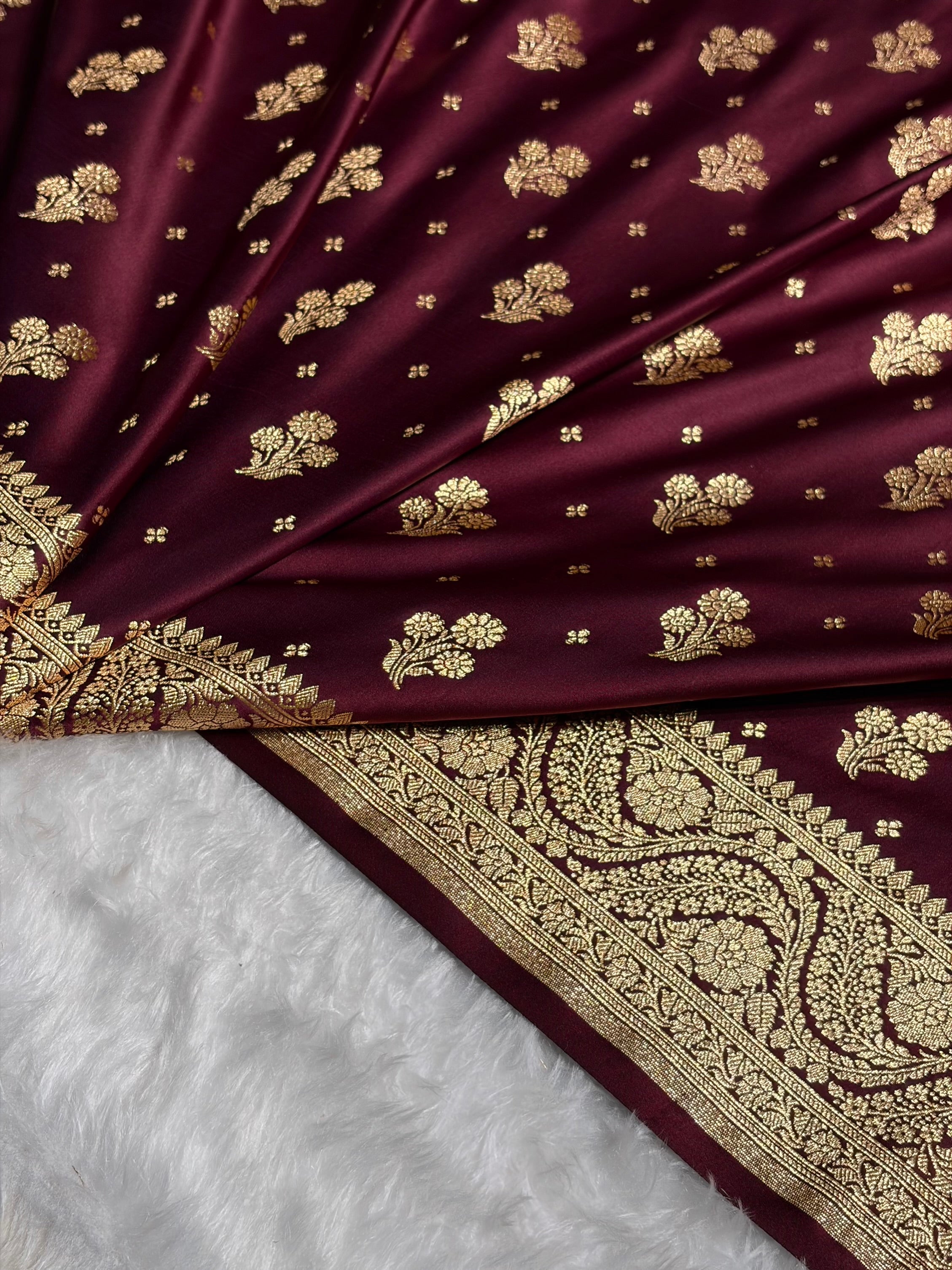 Garnet Floral Unique Boota Pattern Satin Katan Silk Saree SK73