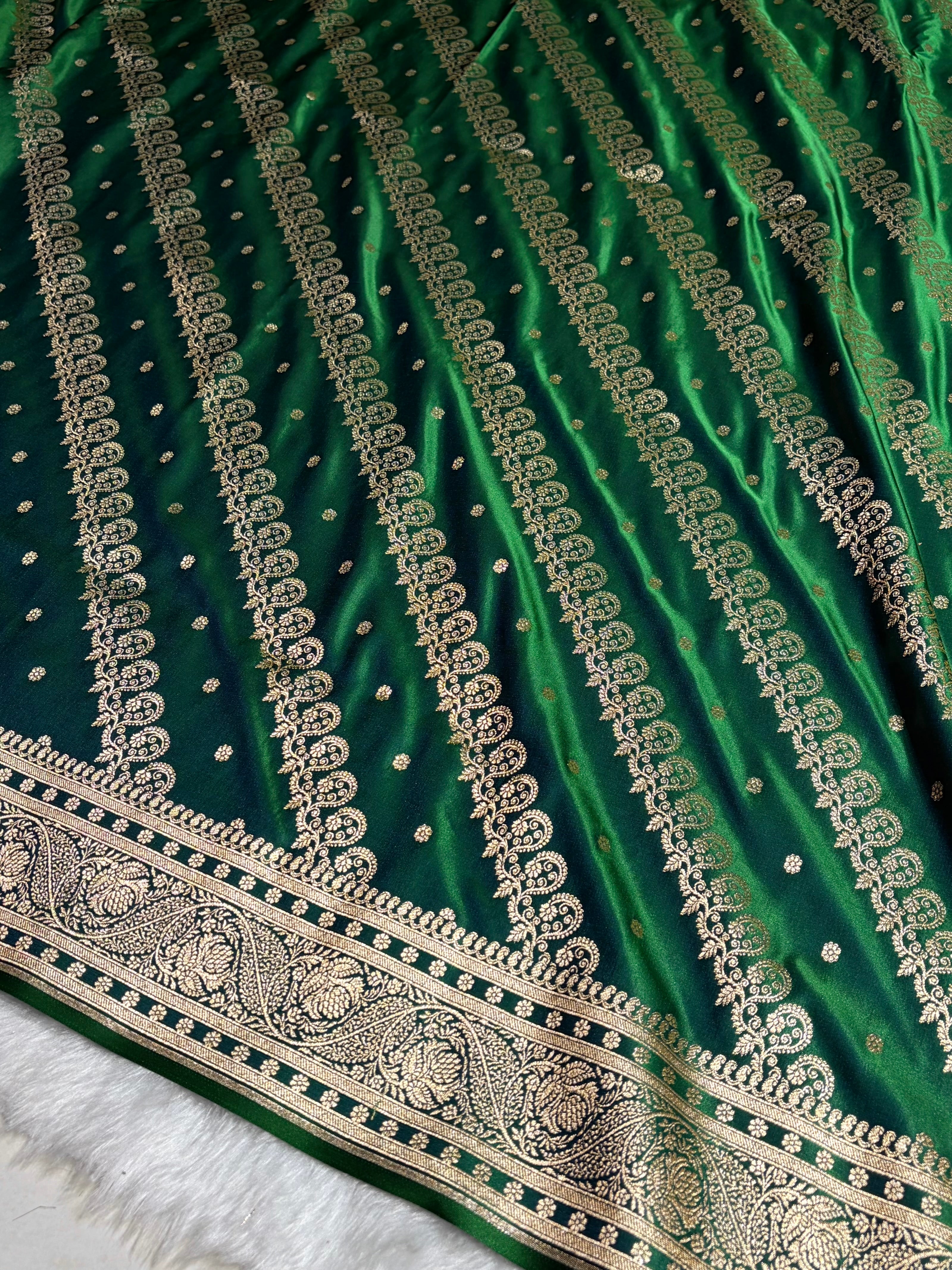 Cross Green Shades Cross Floral Pattern Satin Katan Silk Saree SK79