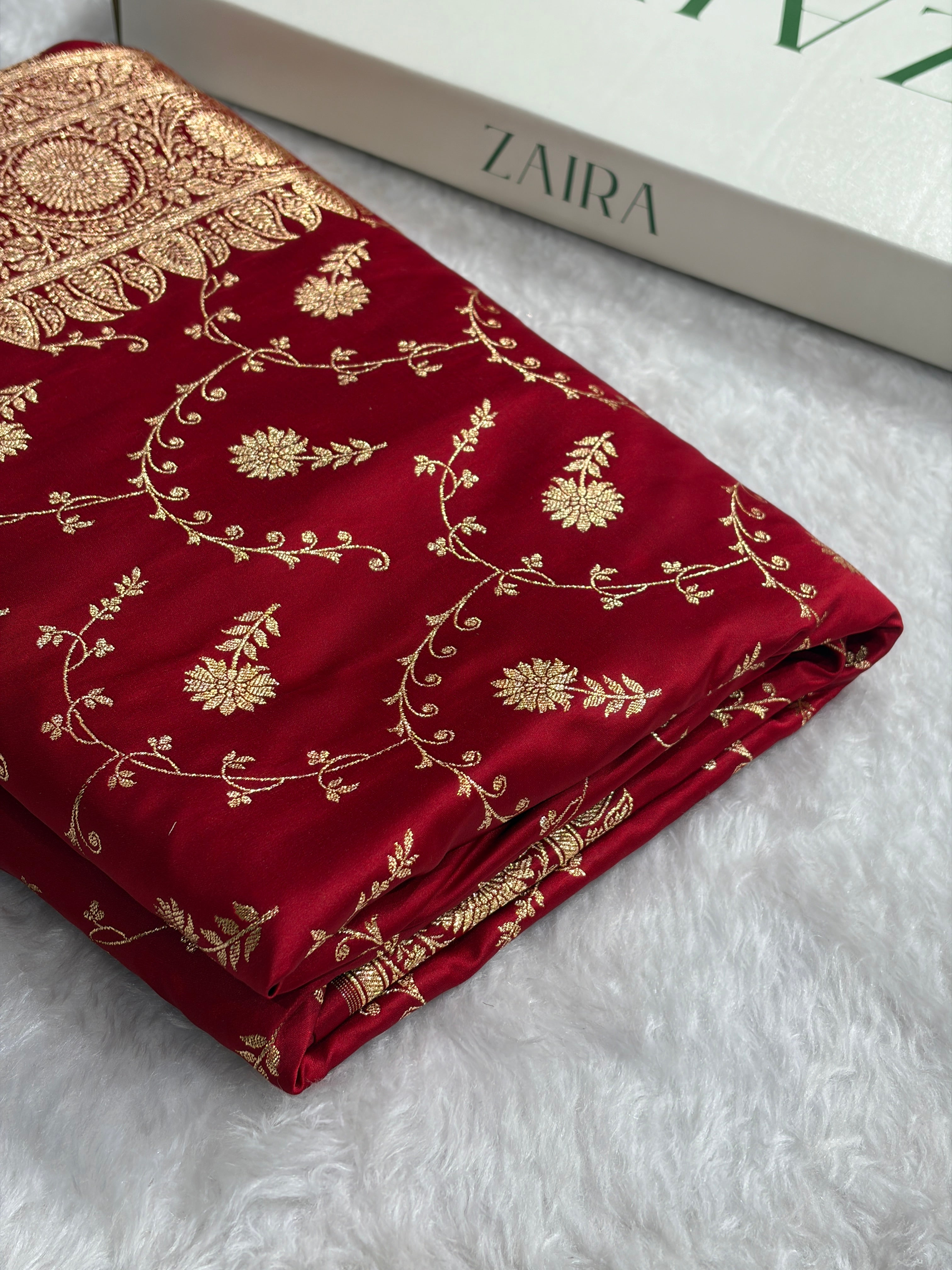 Maroon Shades Jaal Floral Pattern Satin Katan Silk Saree SK81