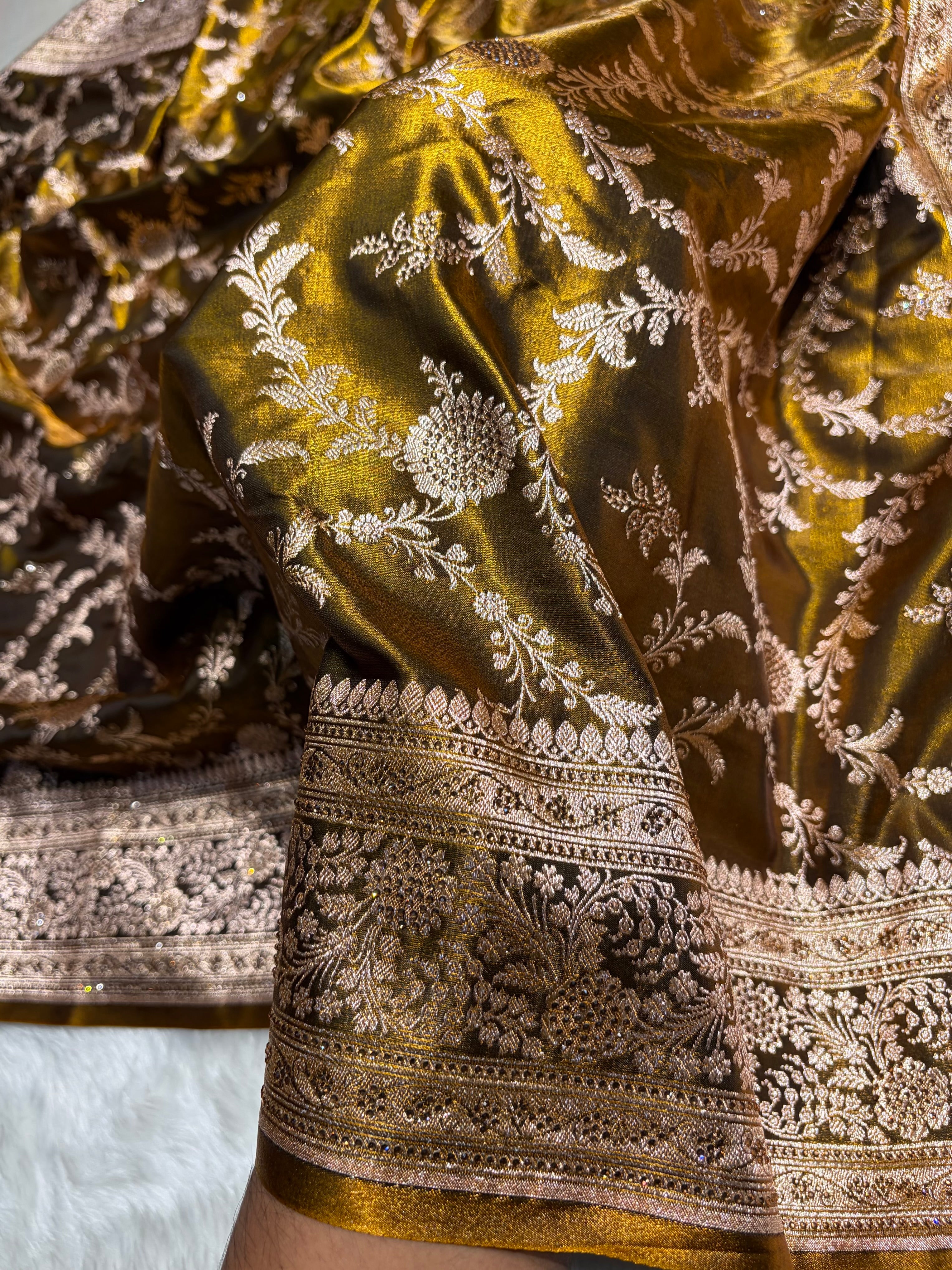 Light Weight Mehendi Satin Silk Saree with Swarovski work BSS14