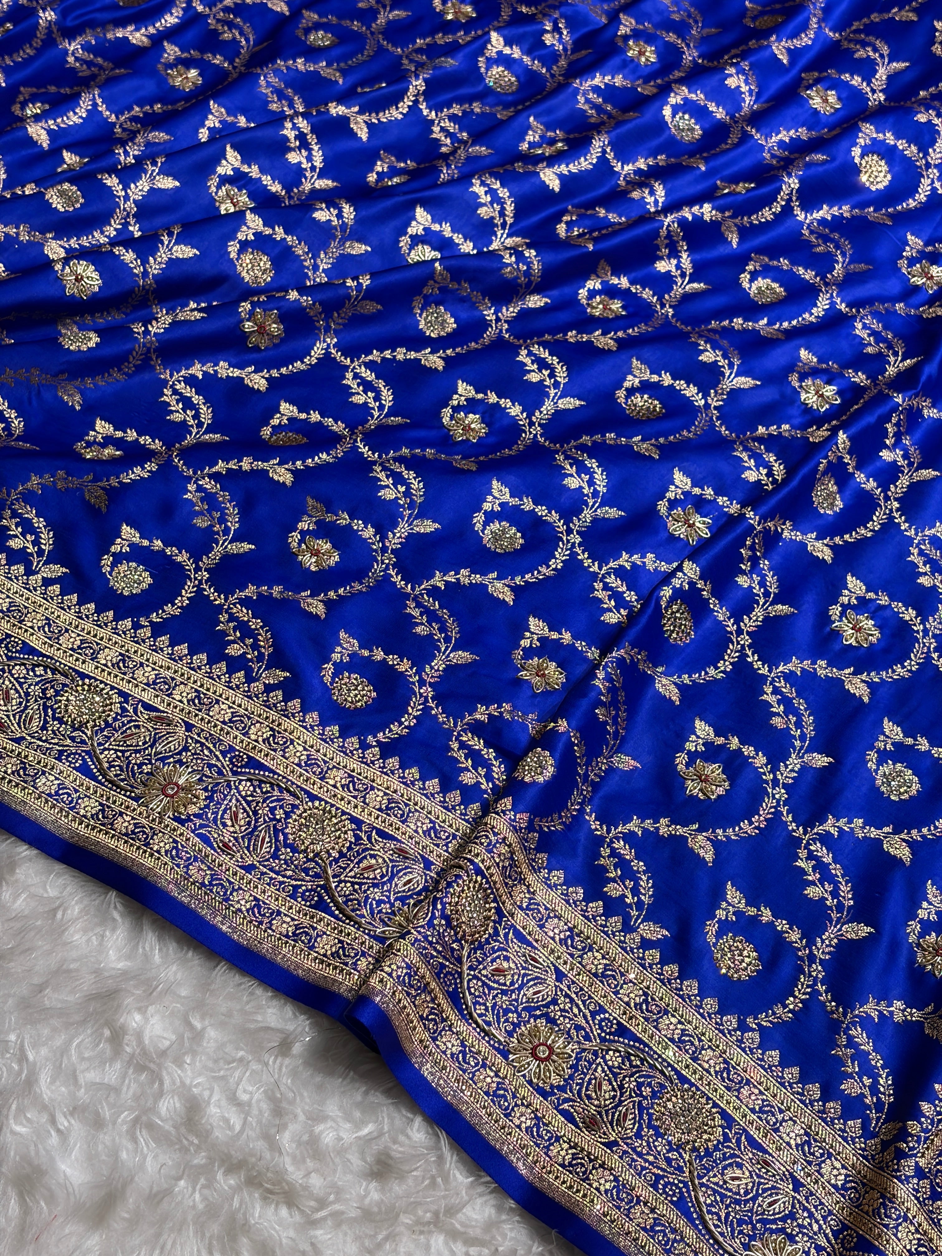Royal Blue Shades Floral With Zardozi Work In Jaal Pattern Satin Katan Silk saree BSK55