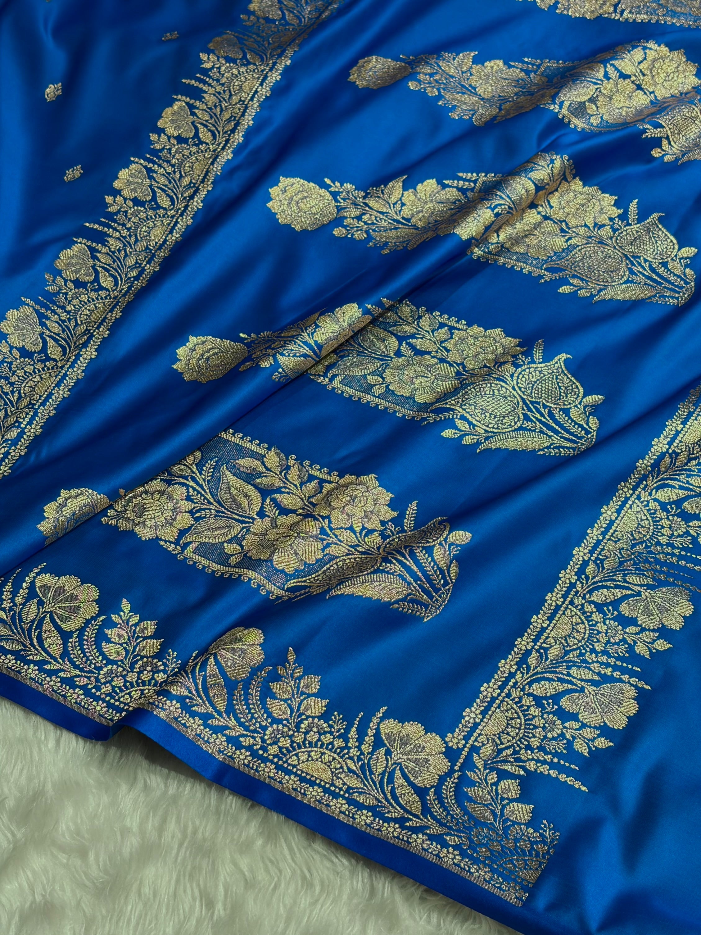 Banarasi Satin Katan Saree Floral Border Pattern in Blue Shades SK143