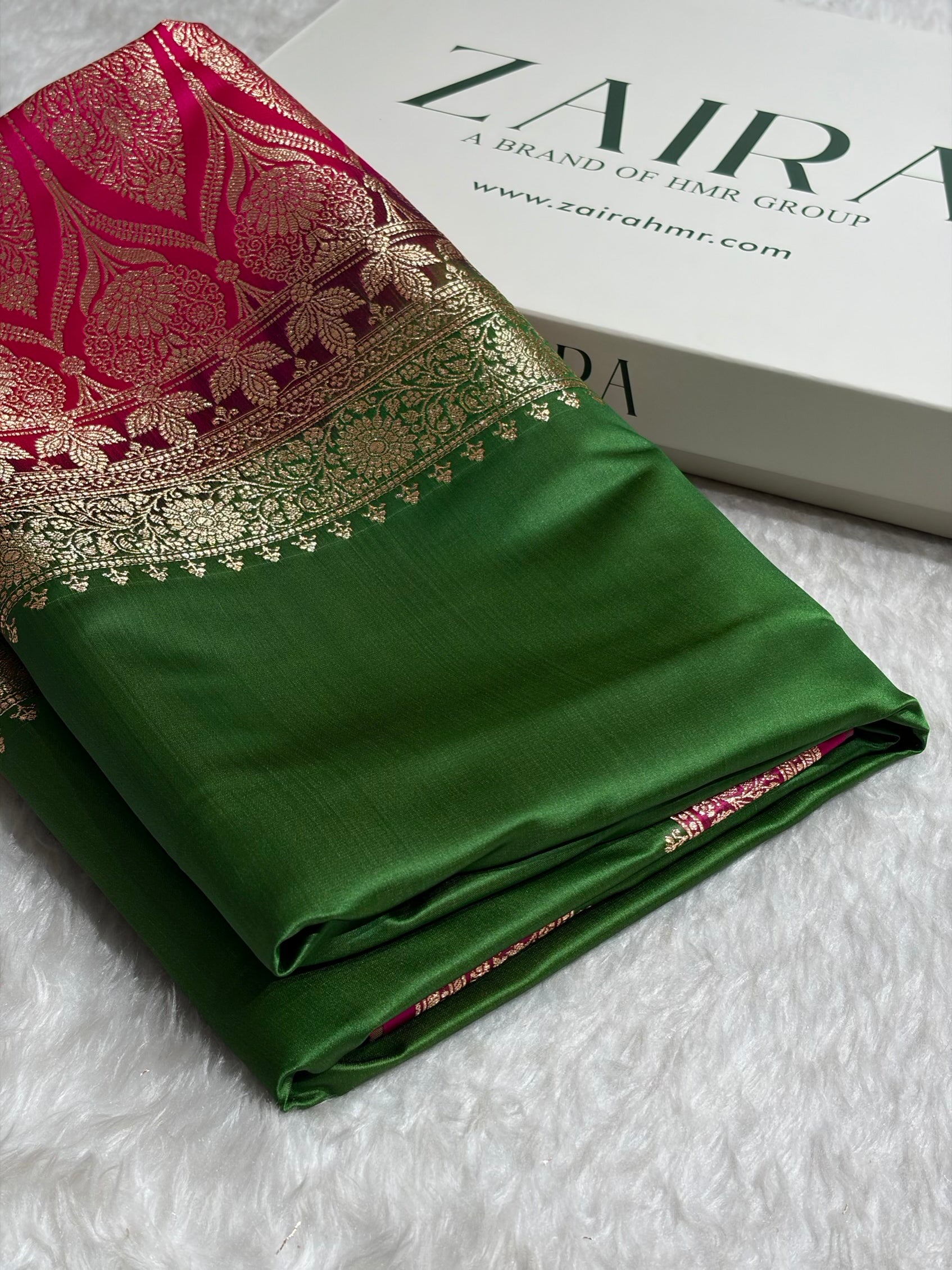 Banarasi Satin Katan Saree in Contrast Dark Green / Rani Shades SK131