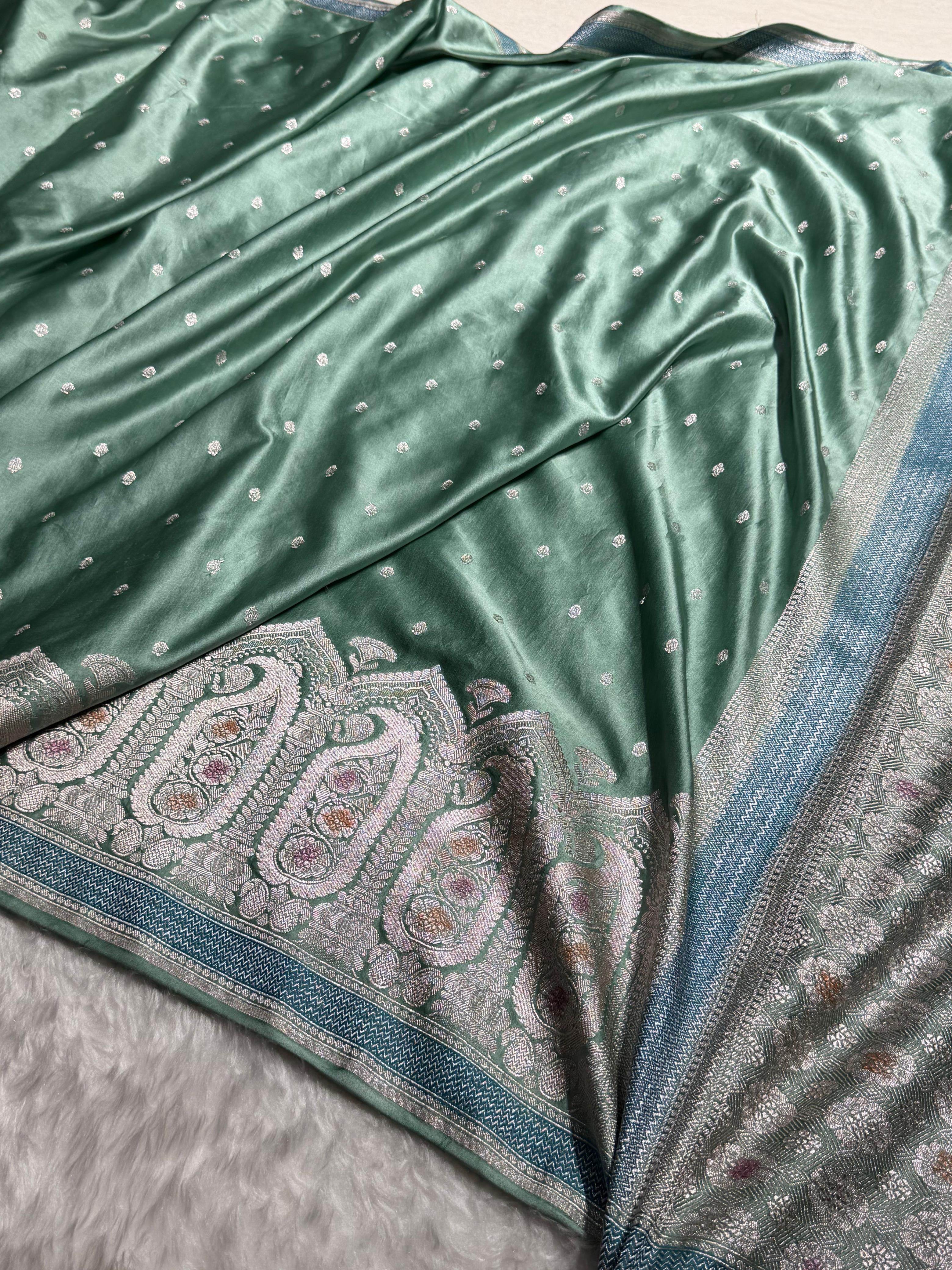 Banarasi Skirt Border Pattern in Turquoise Shades Floral Mashru Silk Saree MCS95