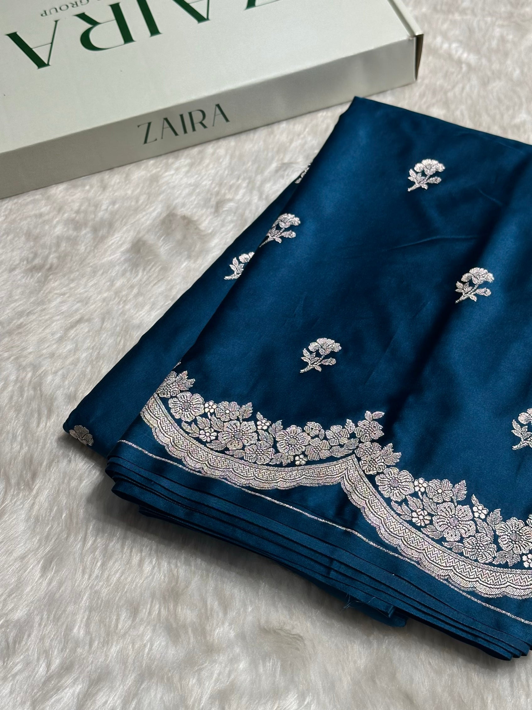 German Blue Shades Scallop Booti Mashru Silk Saree