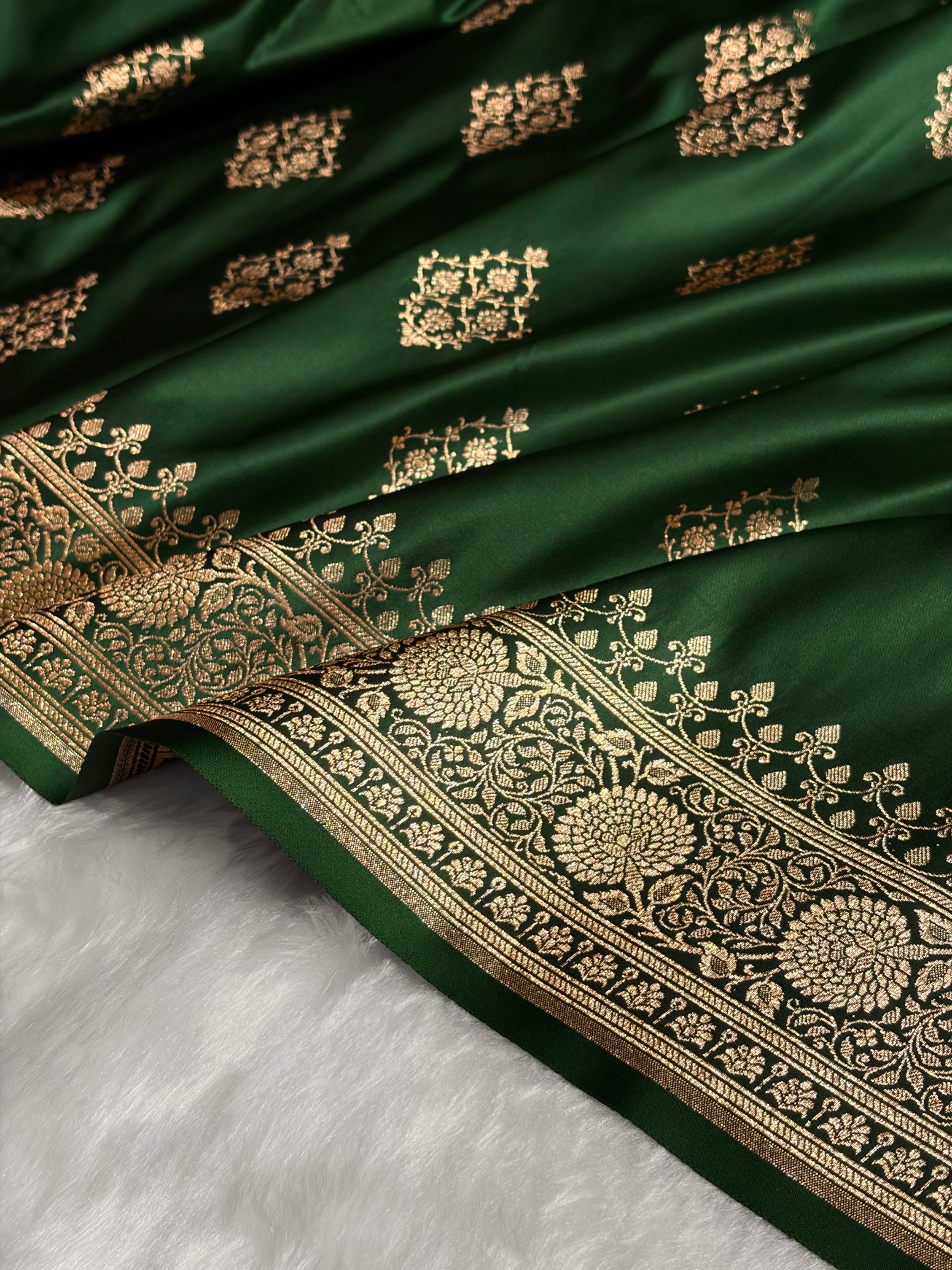 Bottle Green Floral Boota Satin Katan Silk saree SK35