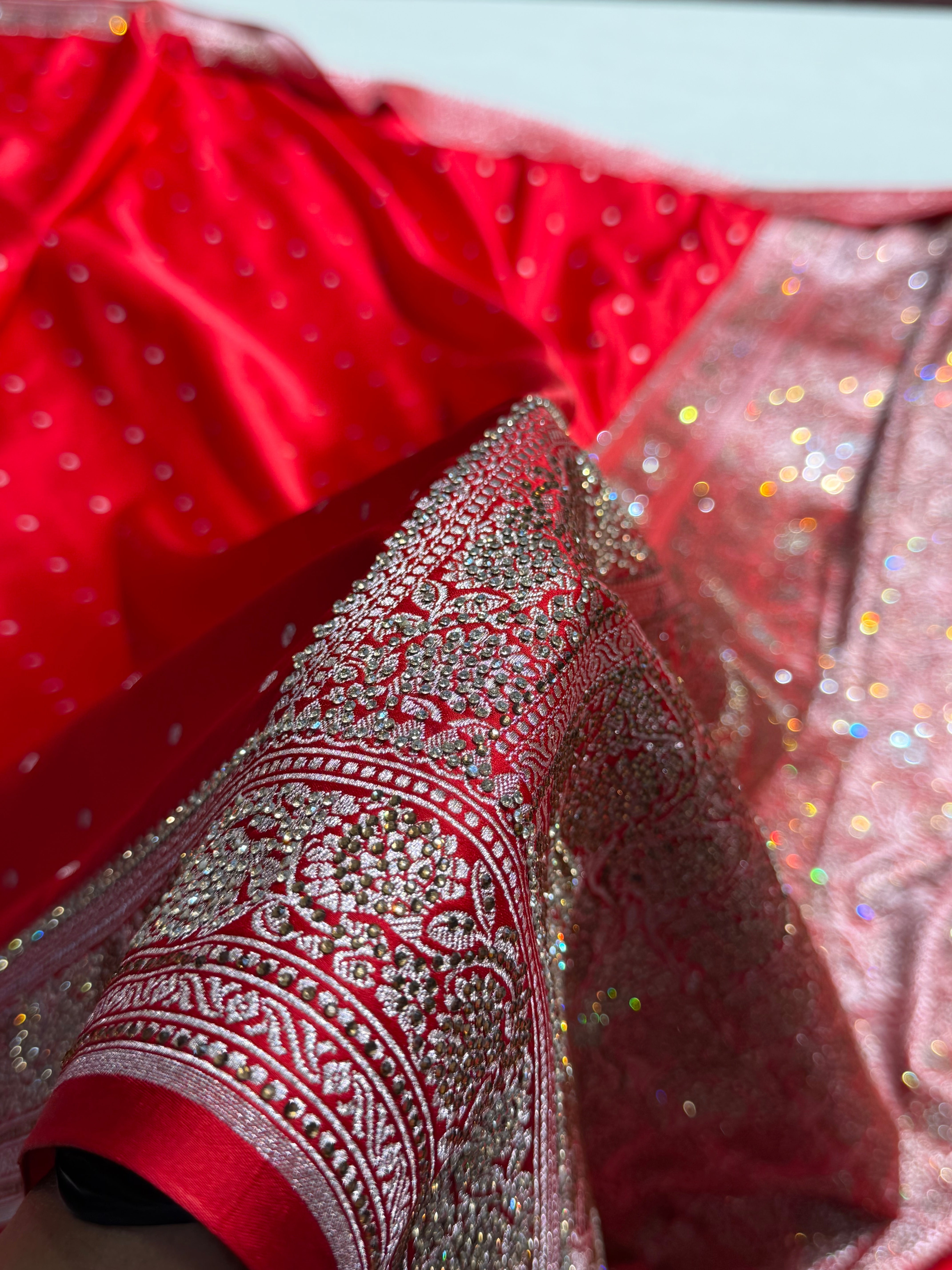 Banarasi Red Shades Booti With Swarovski Stone Work Mashru Silk Saree BMS65