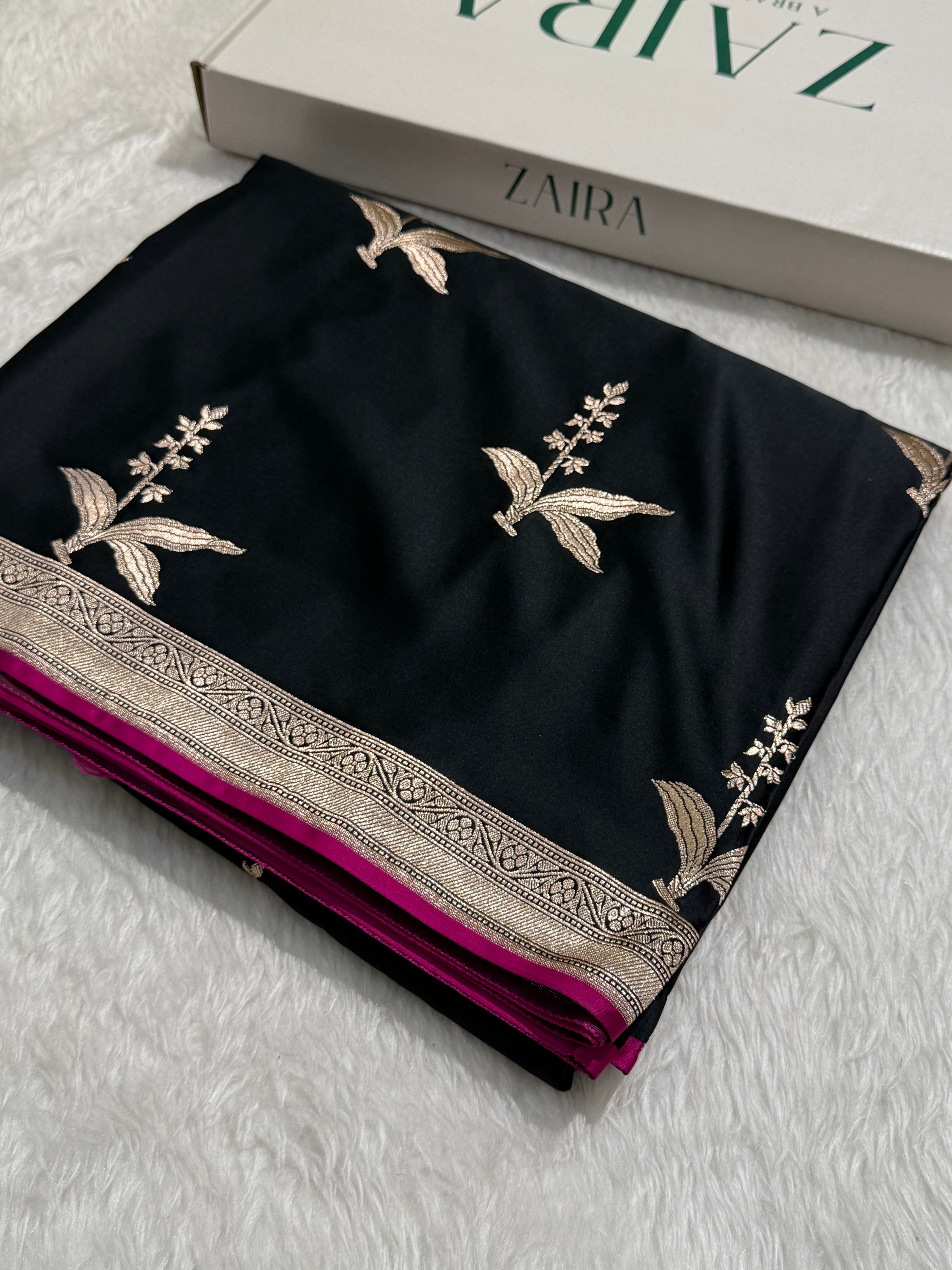 Black floral Motif Mashru Silk Saree
