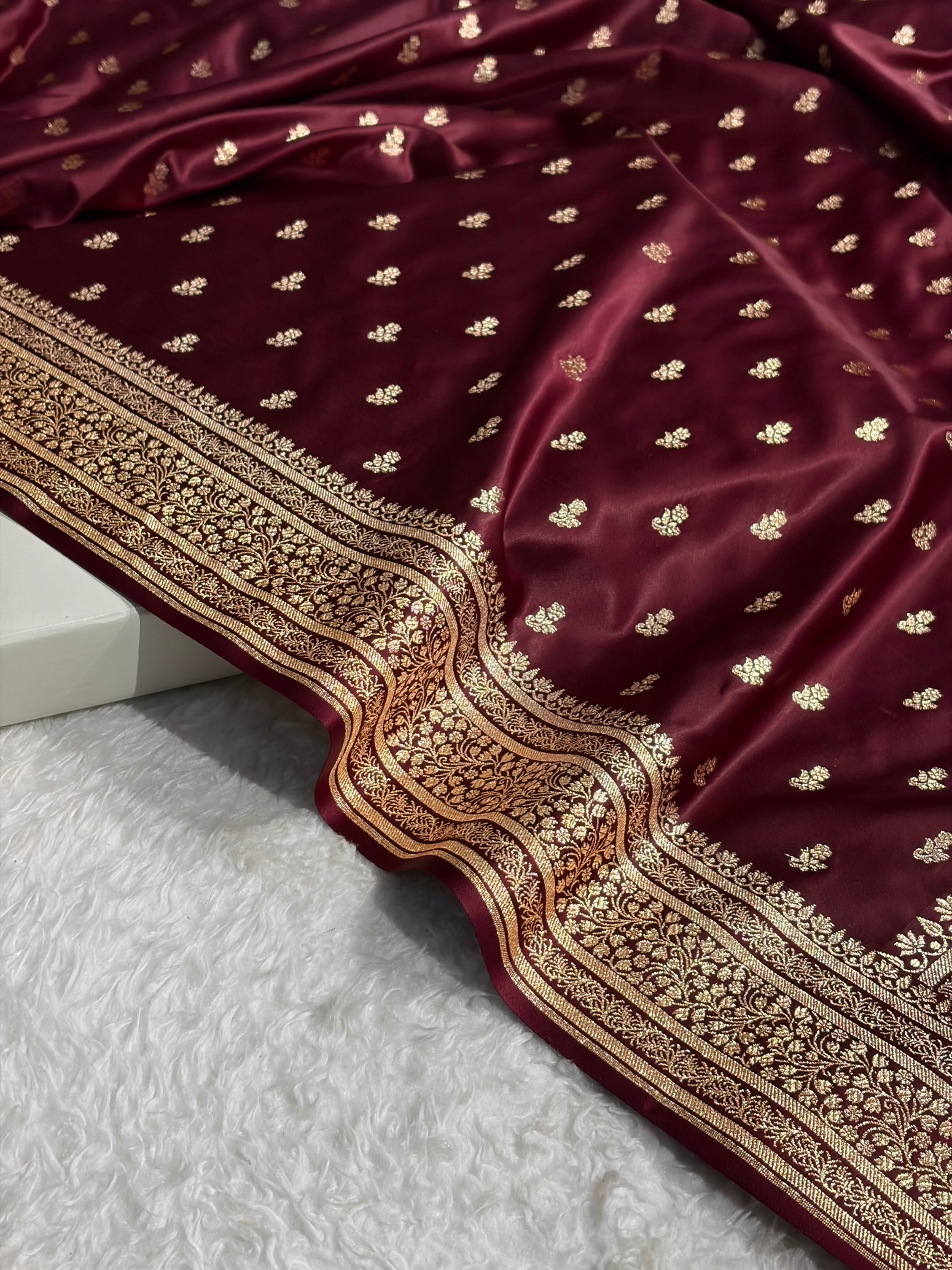 Banarasi Satin Katan Saree With Boota in Garnet Shades SK89
