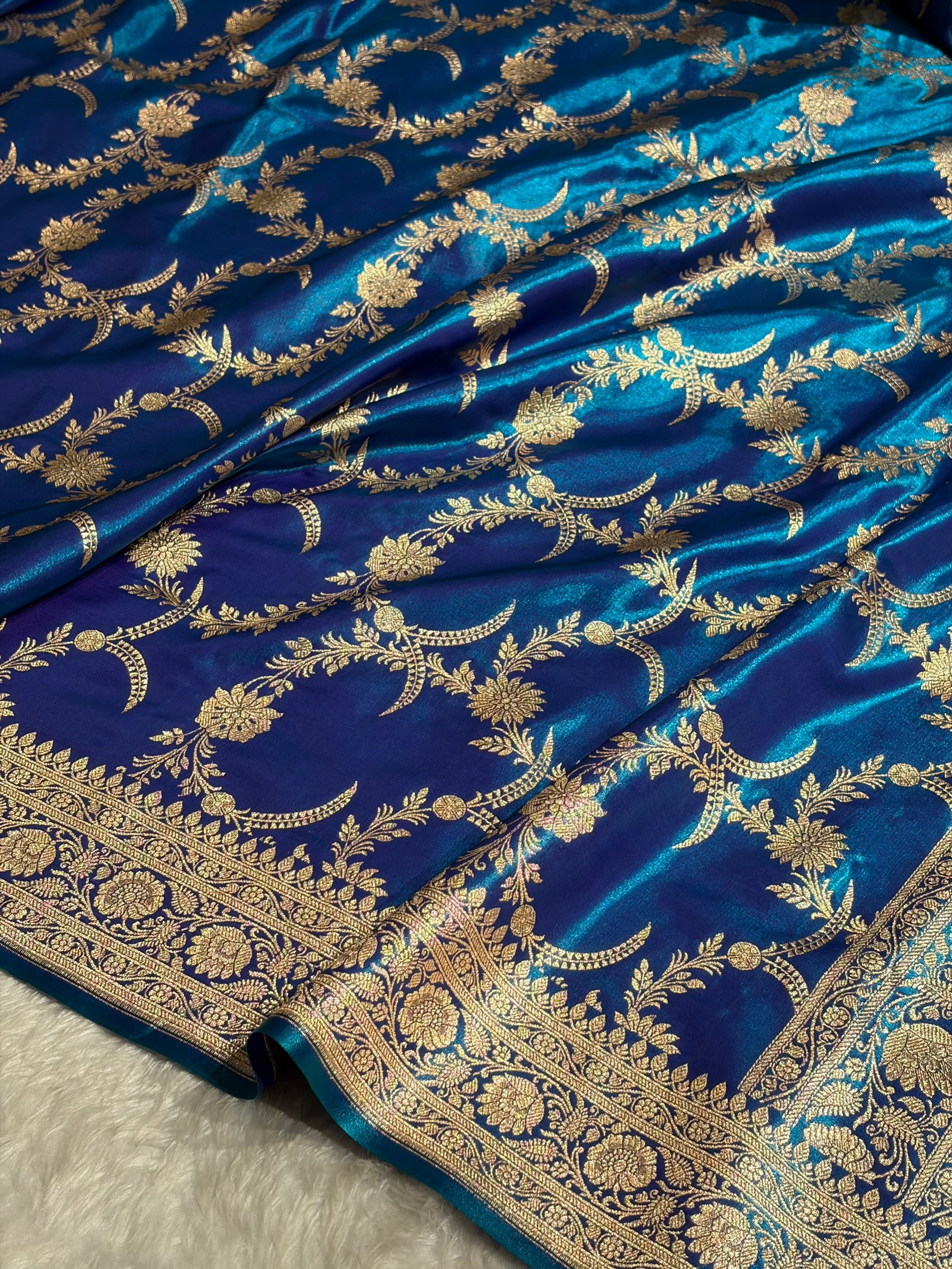Banarasi Satin Silk Banarasi Jaal In Cross Firozi Shades SS18