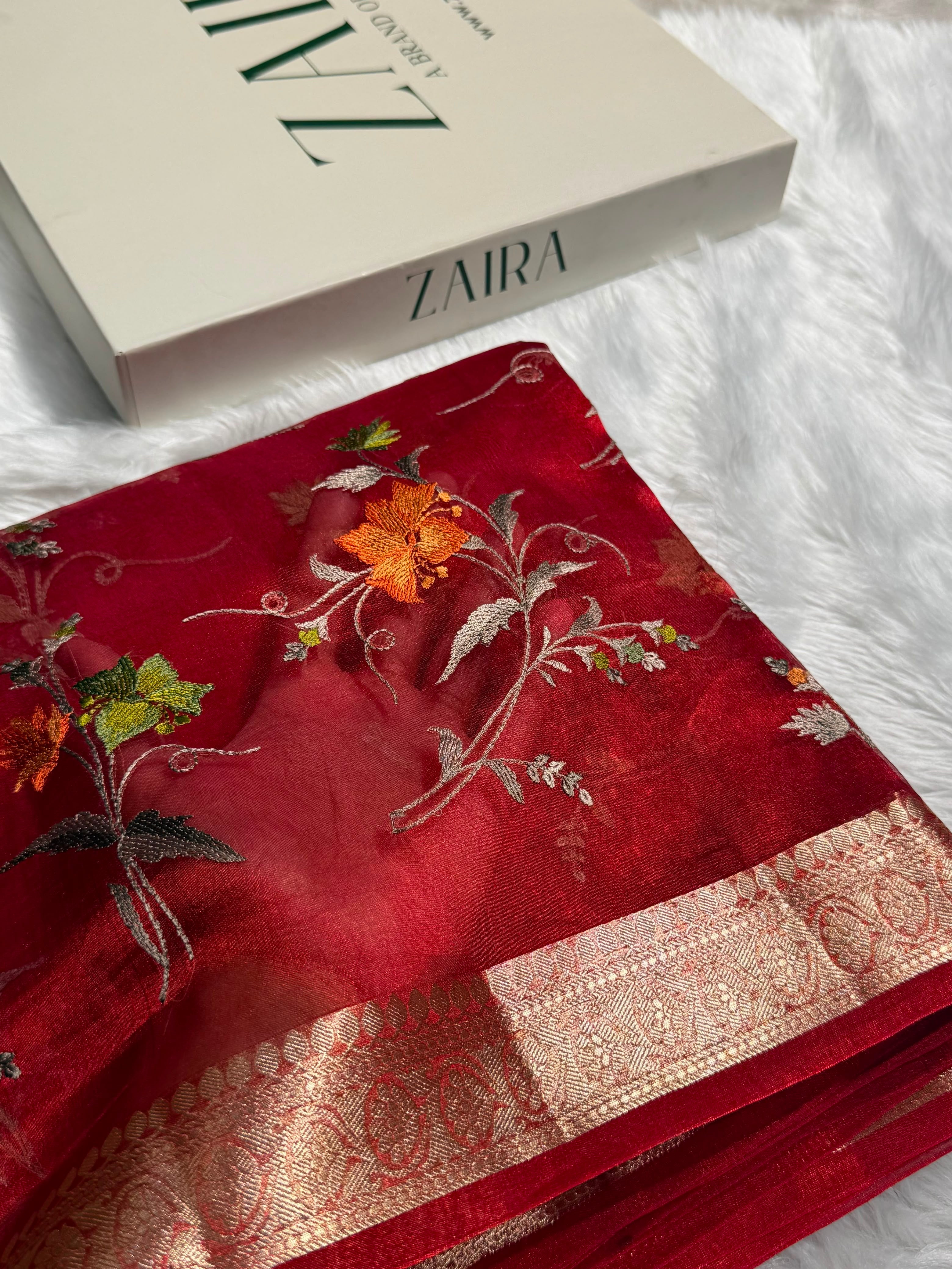 Maroon Shades With Floral Embroidered Pure Tissue Silk Saree with Brocade Blouse PTE-09