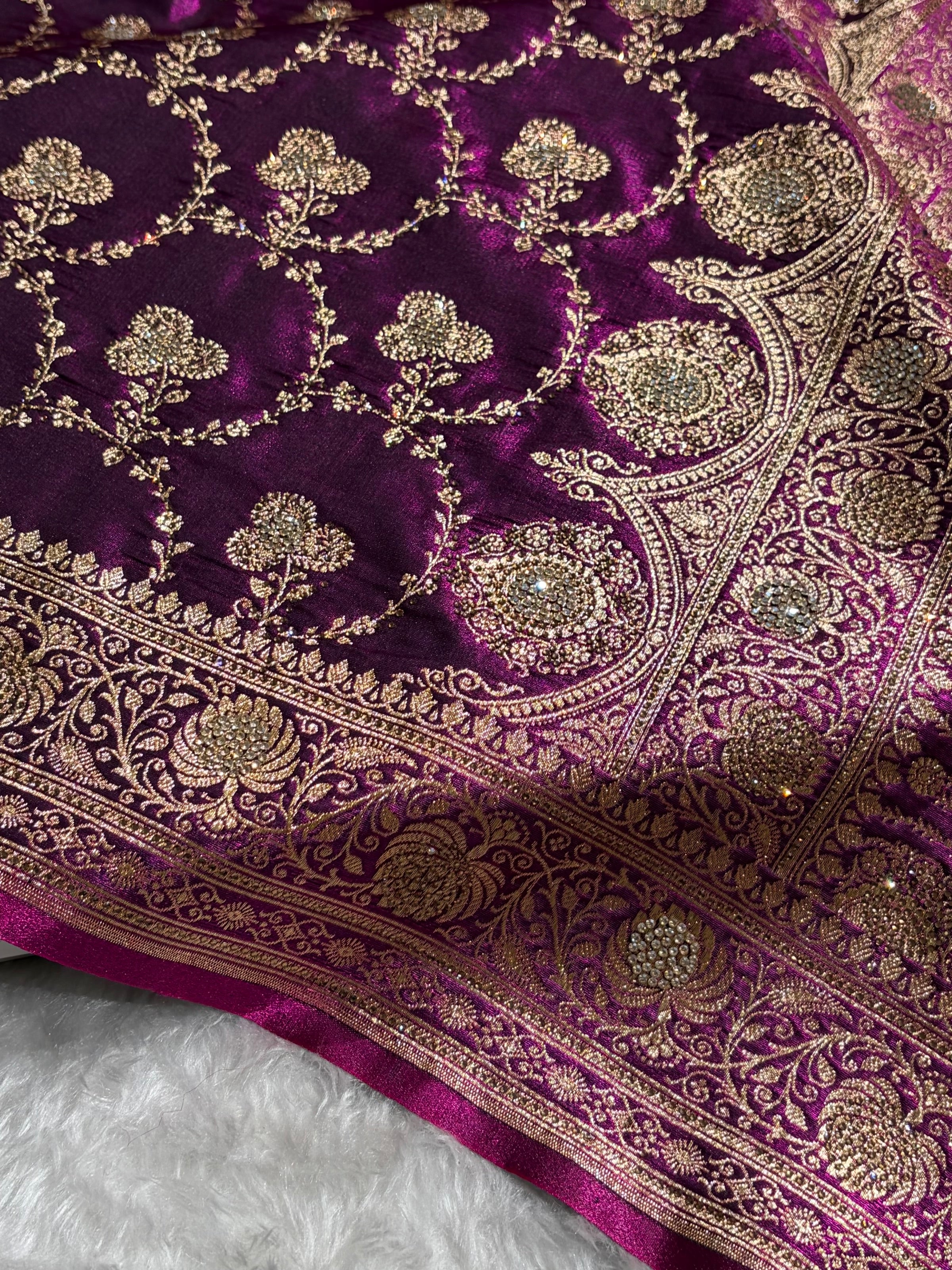 Satin Silk Saree Banarasi Swarovski Work Jaal in Wine Shades BSS23 (R)
