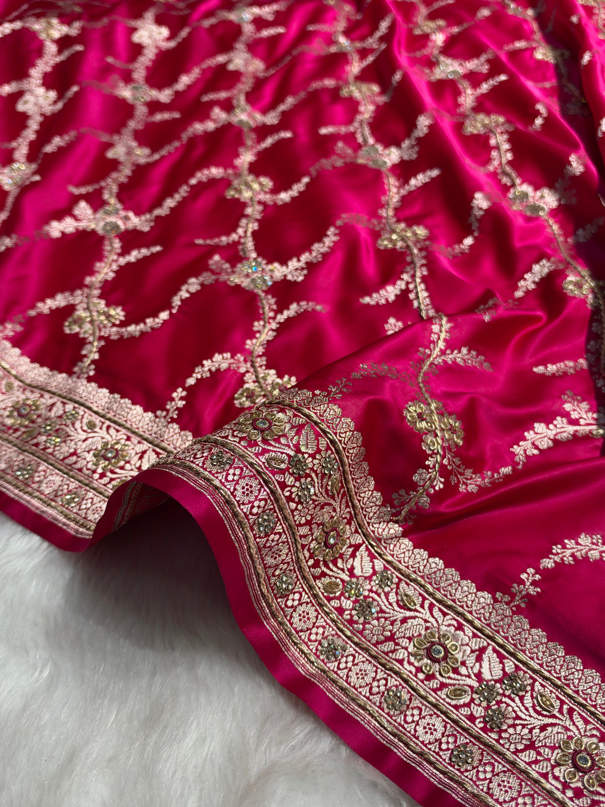 Bridal Rani Shades Banarasi Jaal With Zardozi Work Mashru Silk Saree BMSM-127
