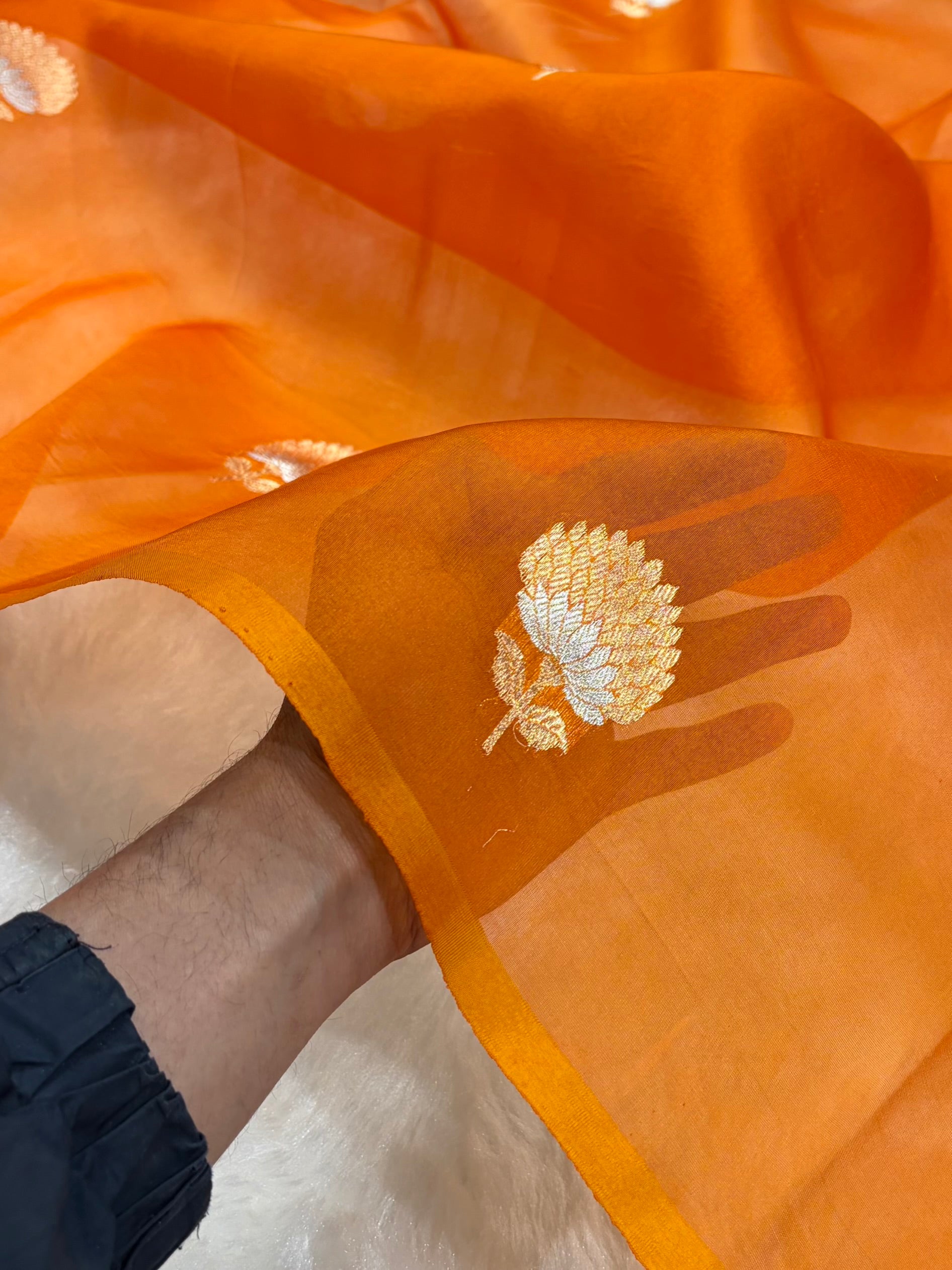 Pure Banarasi Organza Orange Shades With Minakari Floral Banarasi Silk Saree PO-23