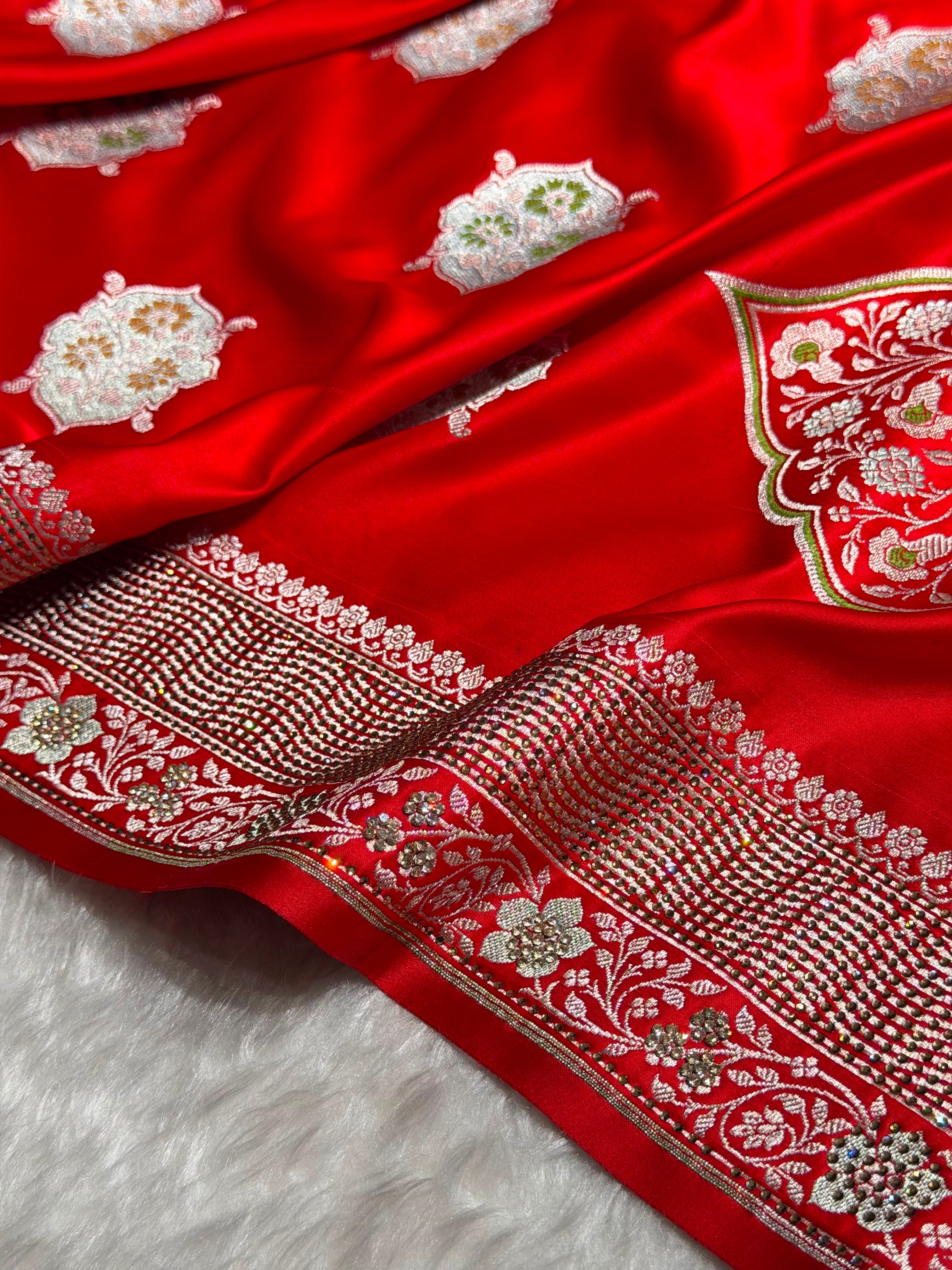 Premium Banarasi Satin Katan Saree Swarovski Work Minakari Booti Pattern in Red Shades BSK04