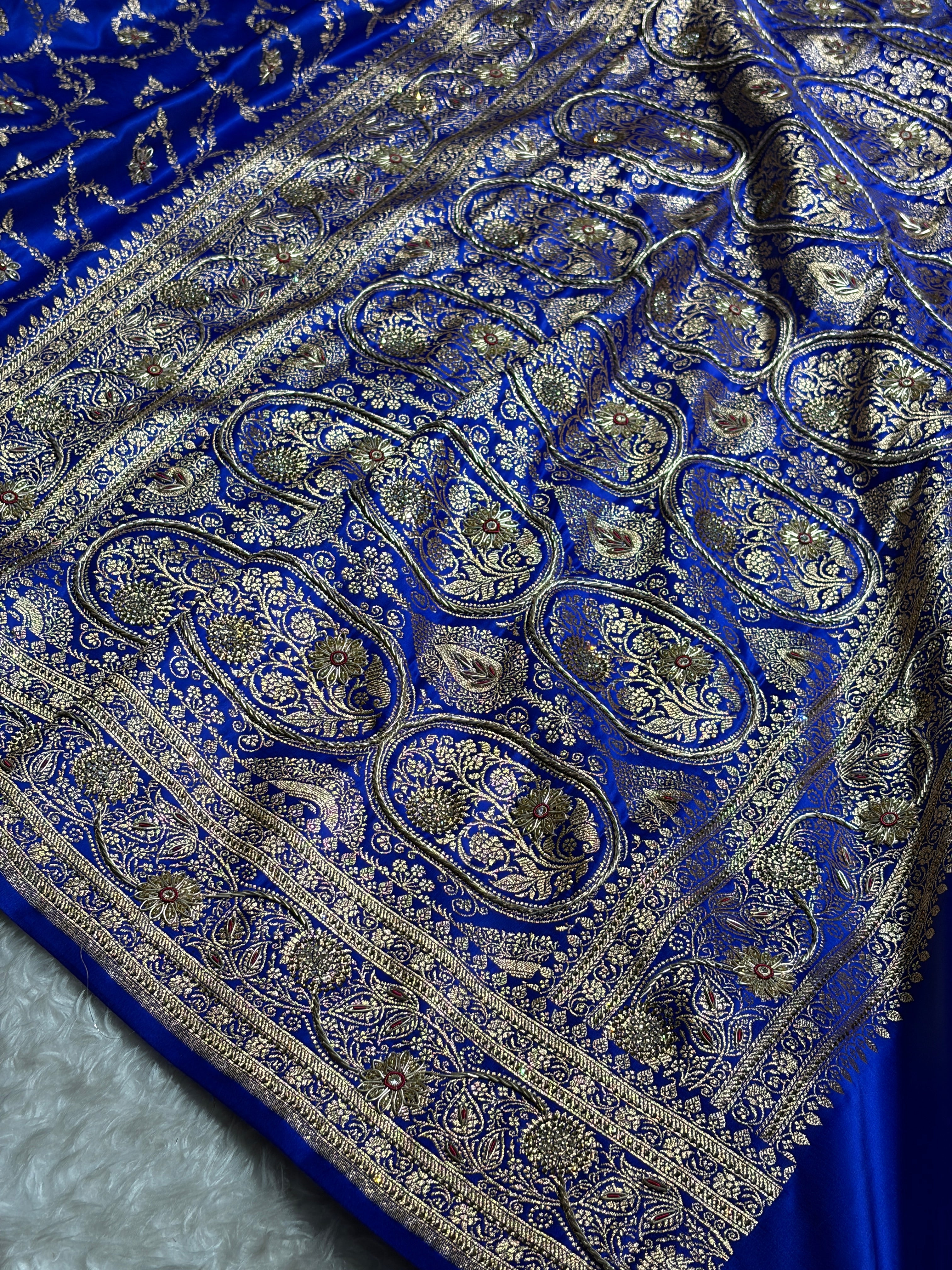Royal Blue Shades Floral With Zardozi Work In Jaal Pattern Satin Katan Silk saree BSK55