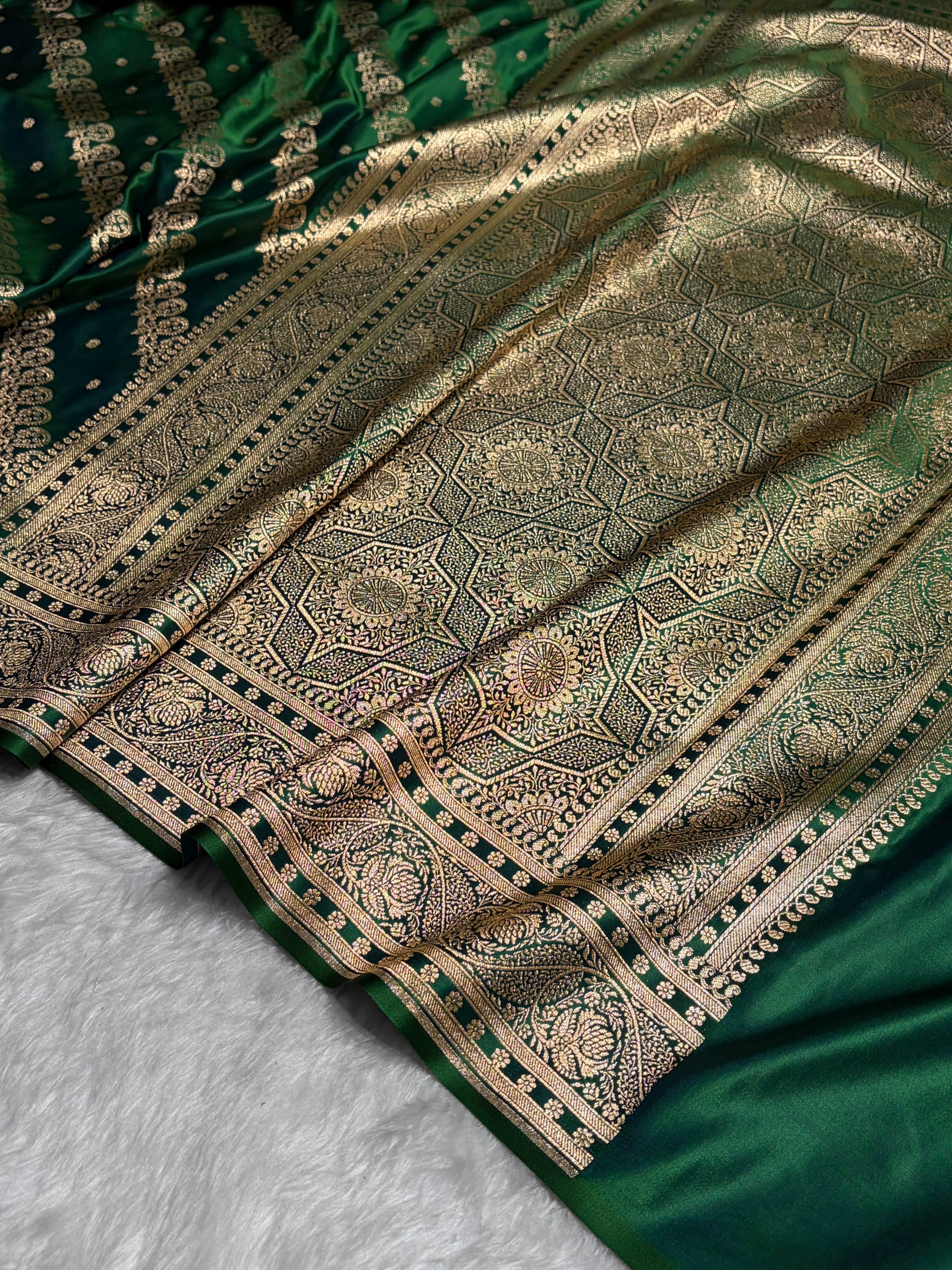 Cross Green Shades Cross Floral Pattern Satin Katan Silk Saree SK79
