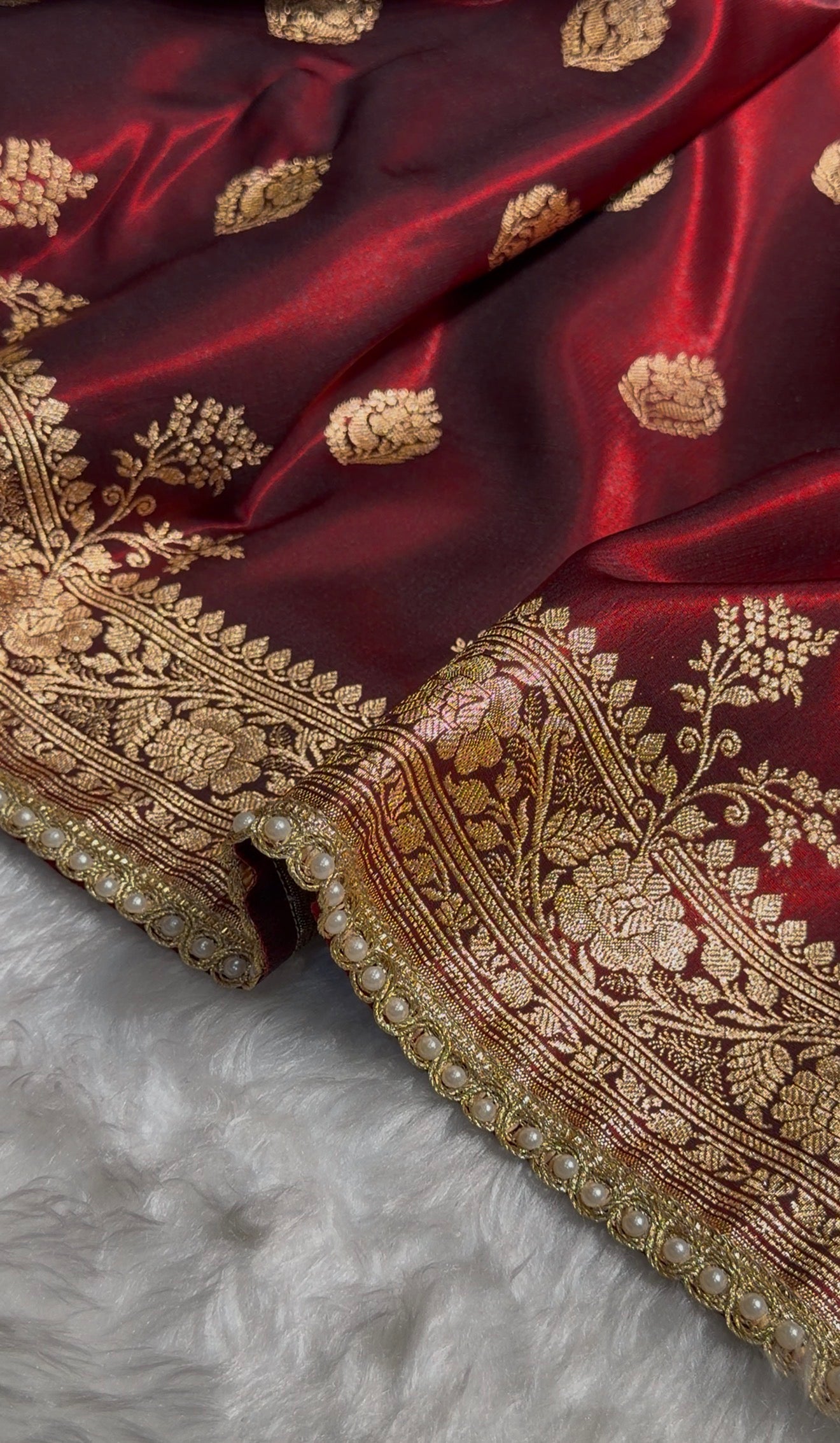 Maroon Banarasi Satin Silk Saree With Gotta Patti Booti Motif SSGP20