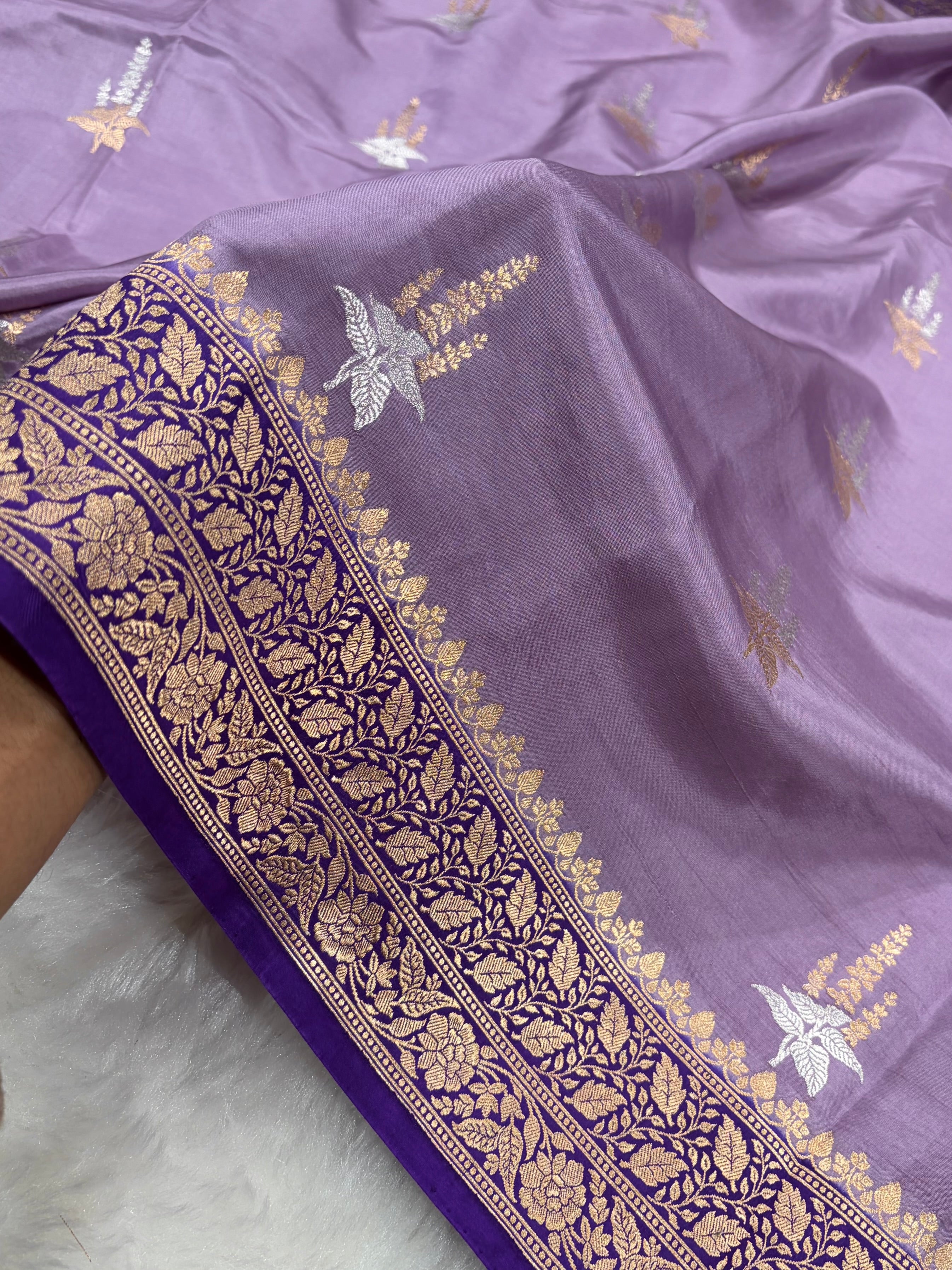 Lavender With Purple Contrast Shades Meena Boota Handwoven Pure Katan Paper Silk RM-36