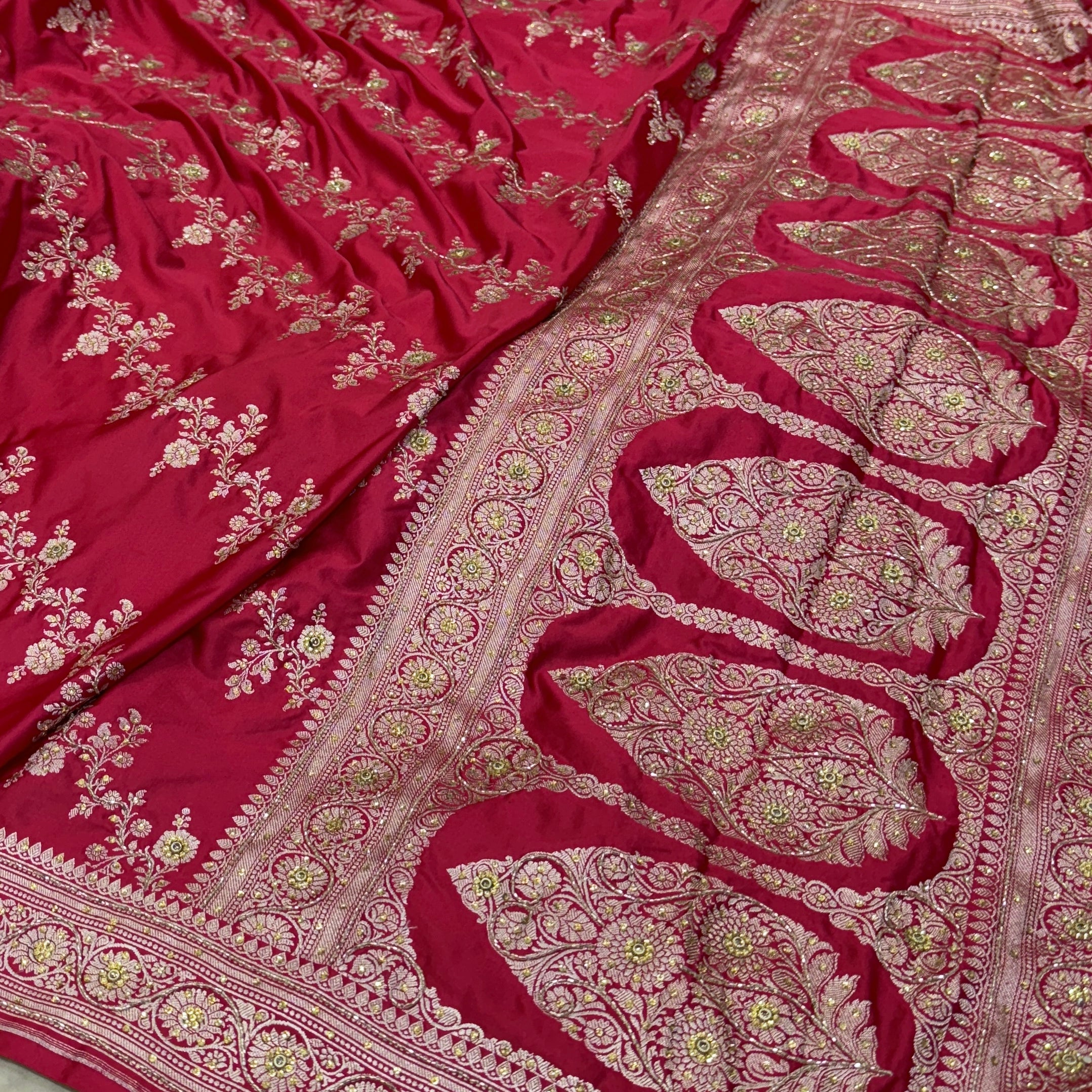 Strawberry Red Mashru Silk with Ari and Stone