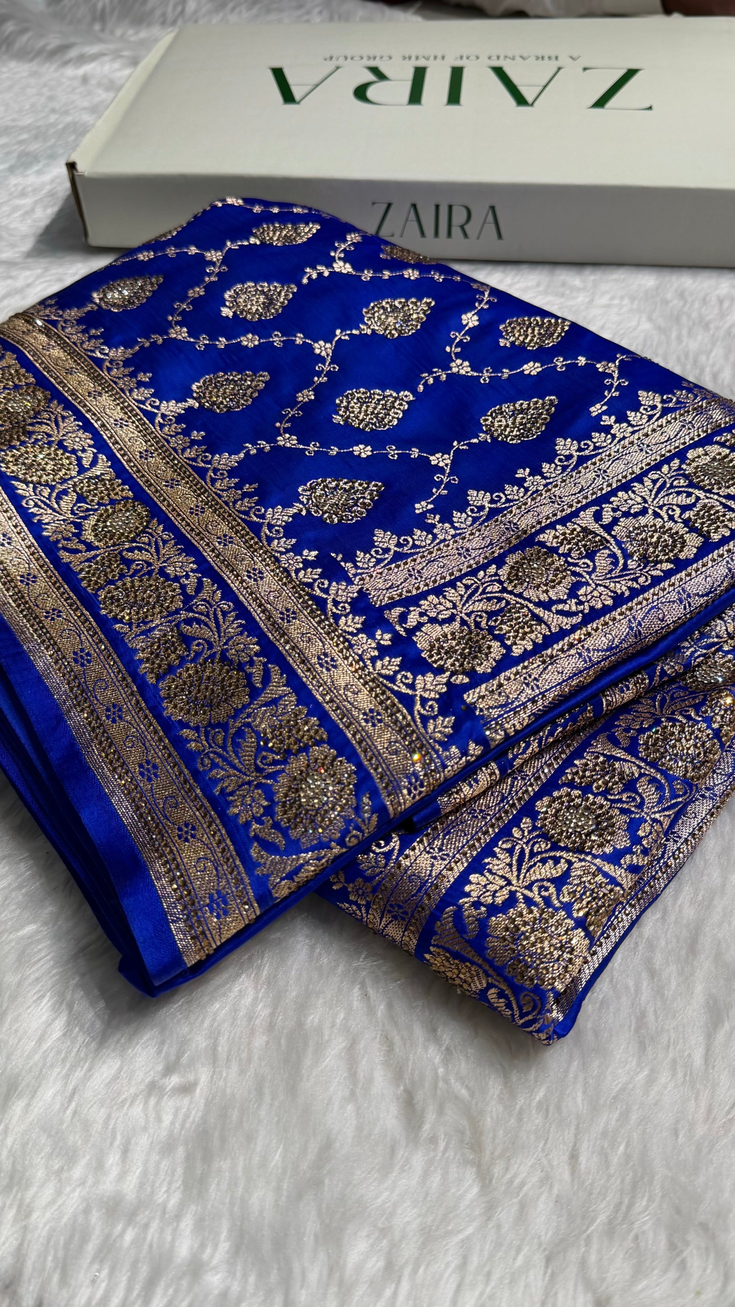 Royal Blue Floral Jaal Pattern Satin Katan Silk saree BSK42