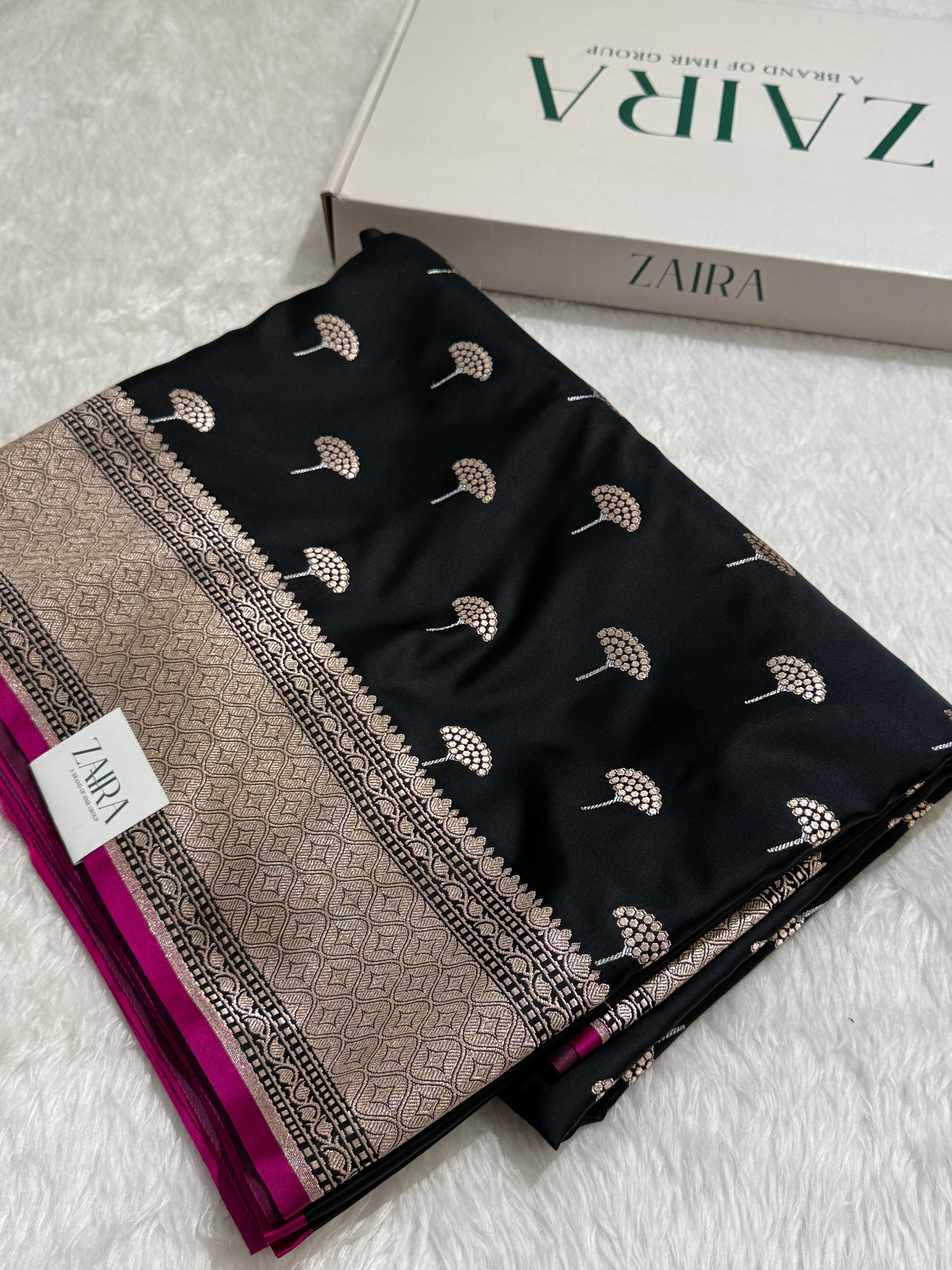 Black Sona Rupa floral Motif Mashru Silk Saree