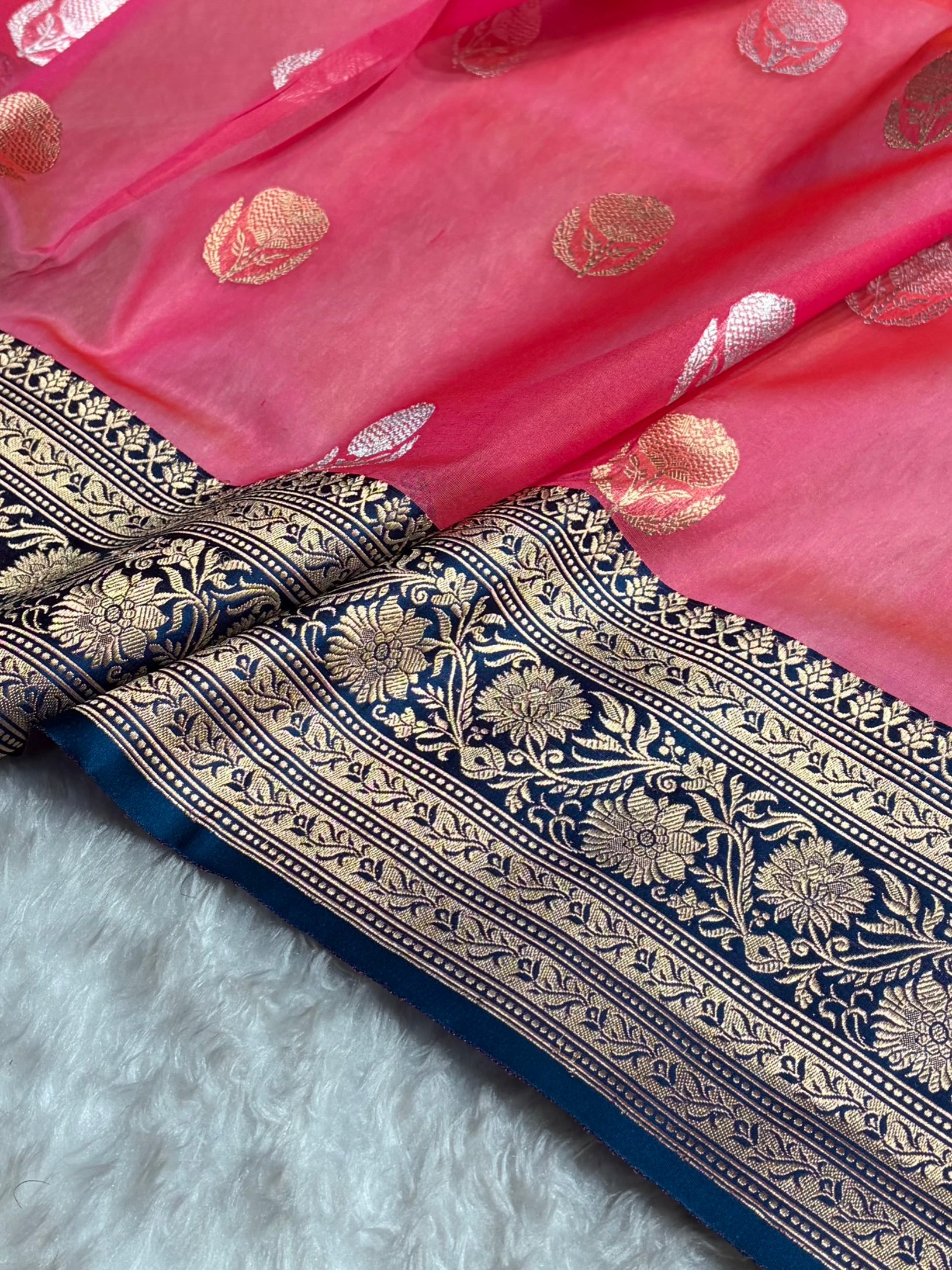 Contrast Pure Banarasi Organza Baby Pink With German Blue Floral Banarasi Silk Saree PO-14