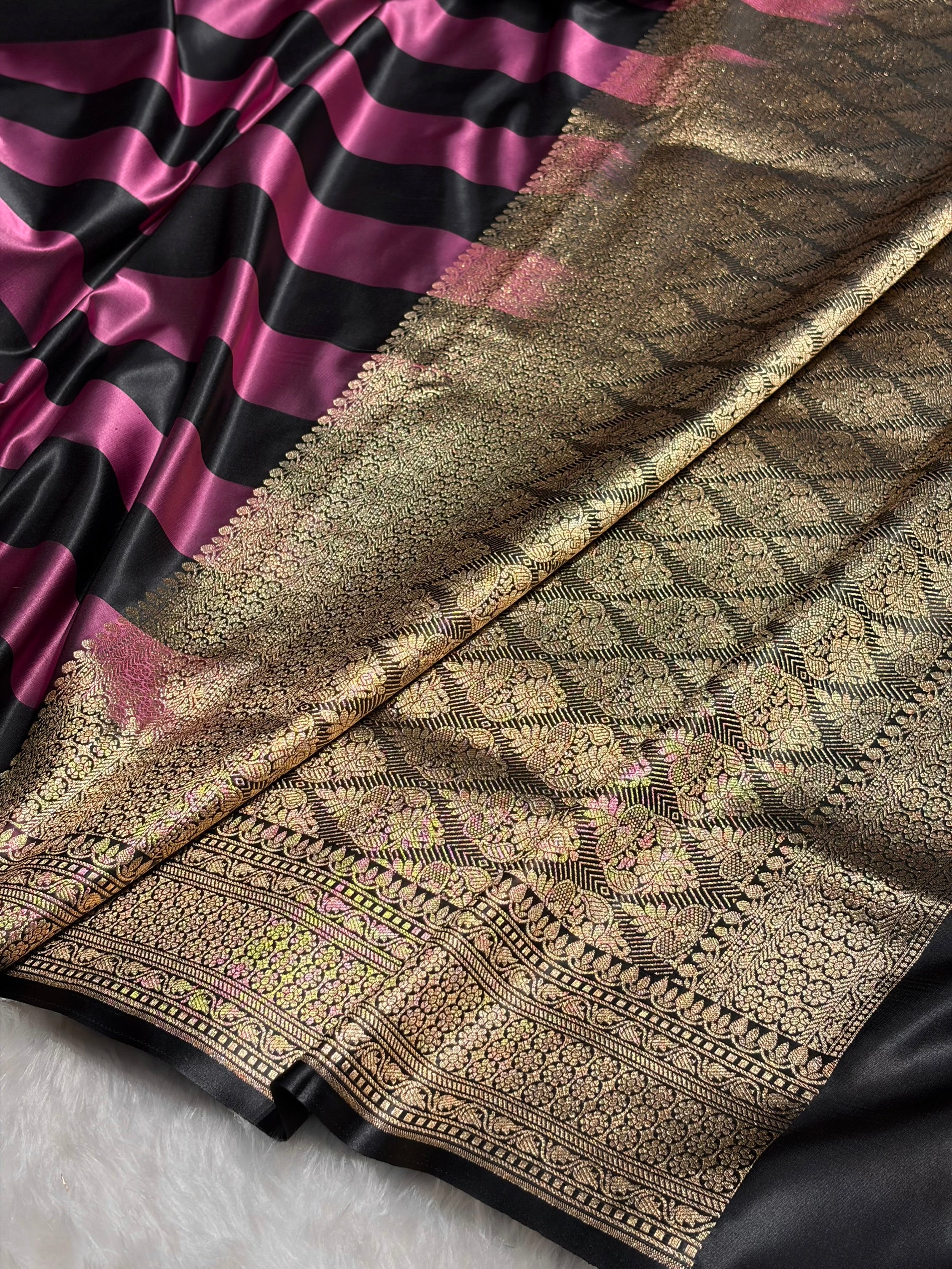 Rani With Black Horizontal Strips Floral Border & Brocket Blouse Mashru Silk Saree MSM-84