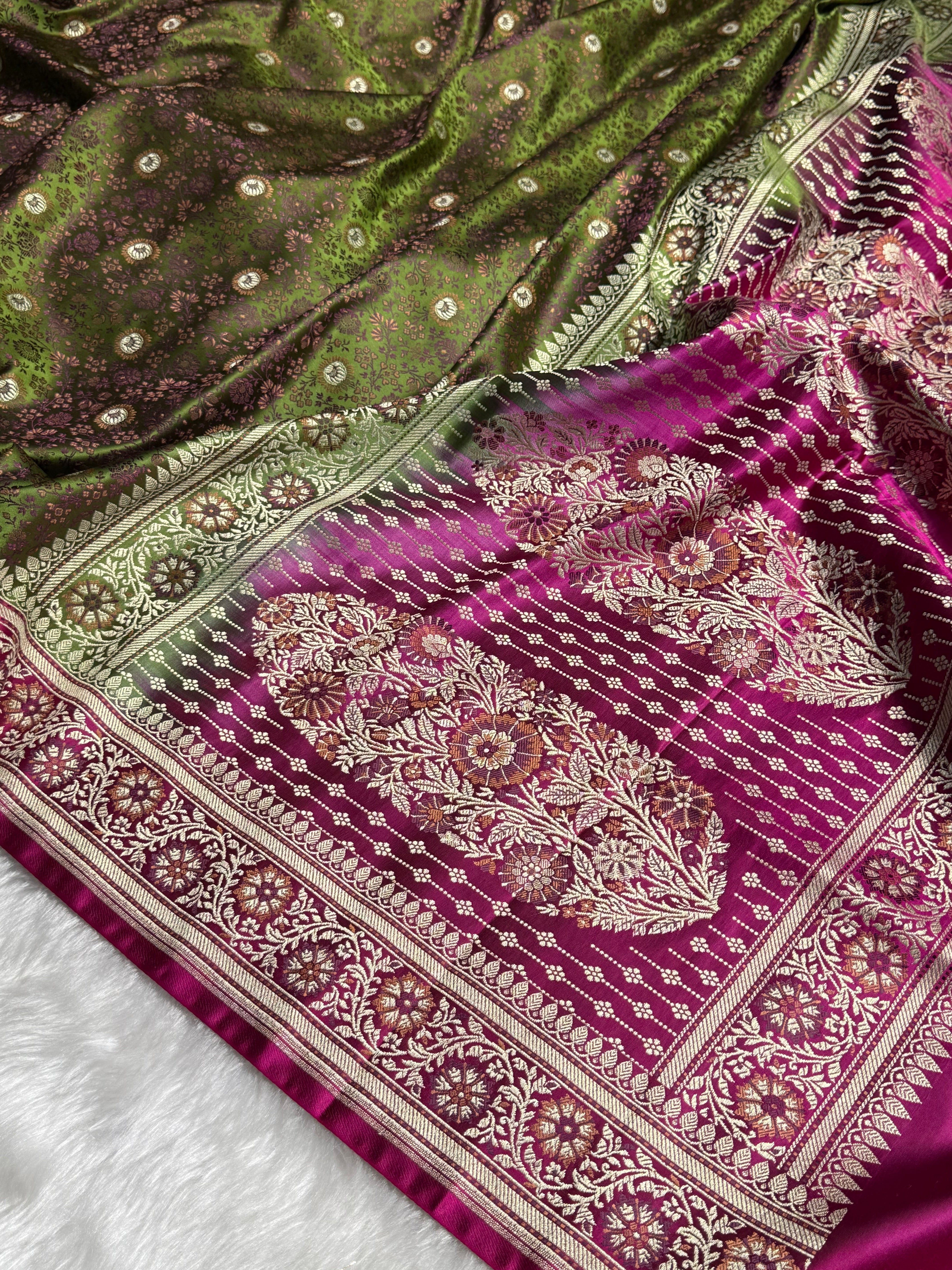 Mehandi - Rani Contrast Jamawar Tanchoi Jaal Katan Silk Saree SKTM-17