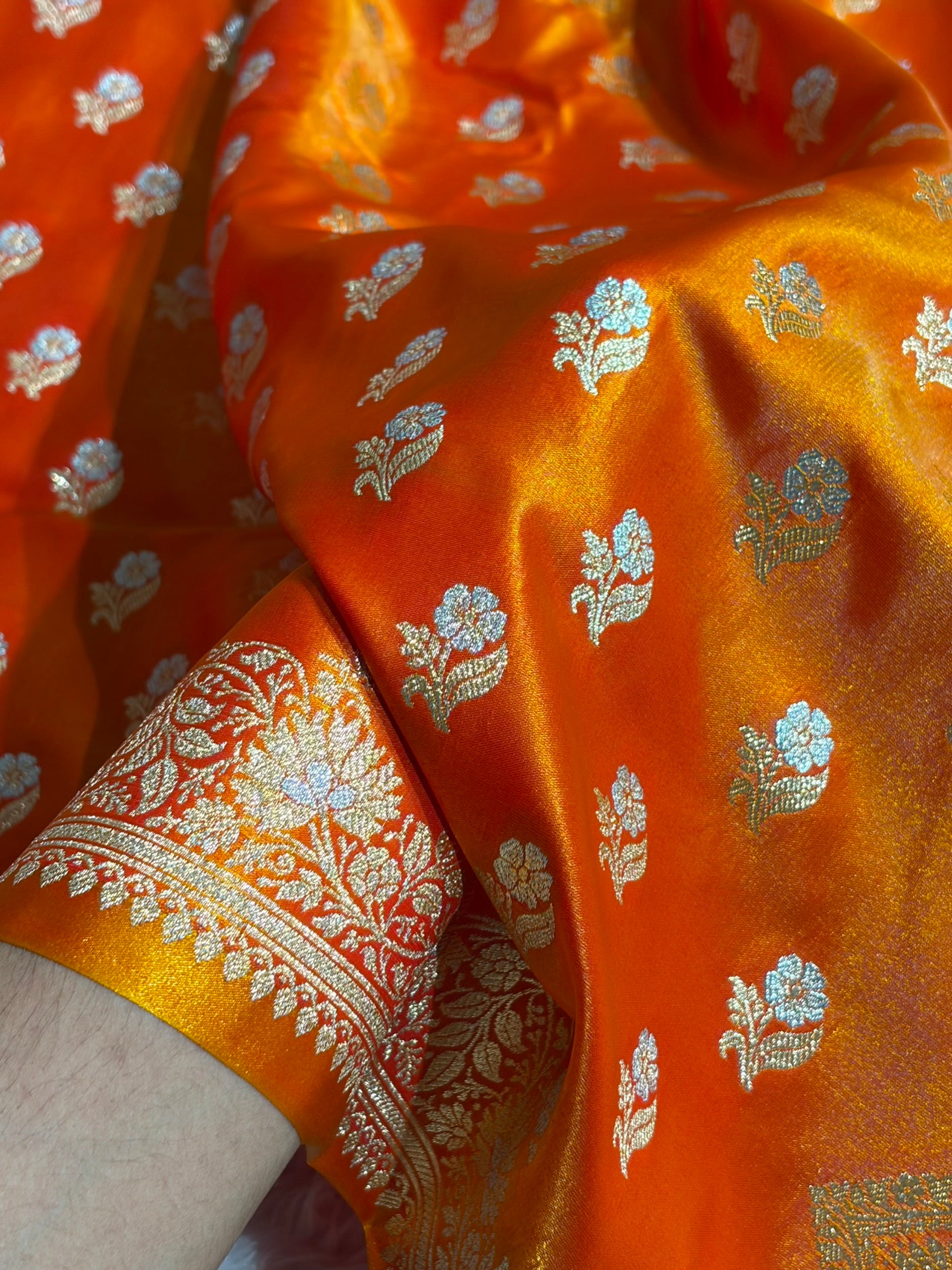 Banarasi Satin Silk Meena Boota in Fire Gold Shades SS38