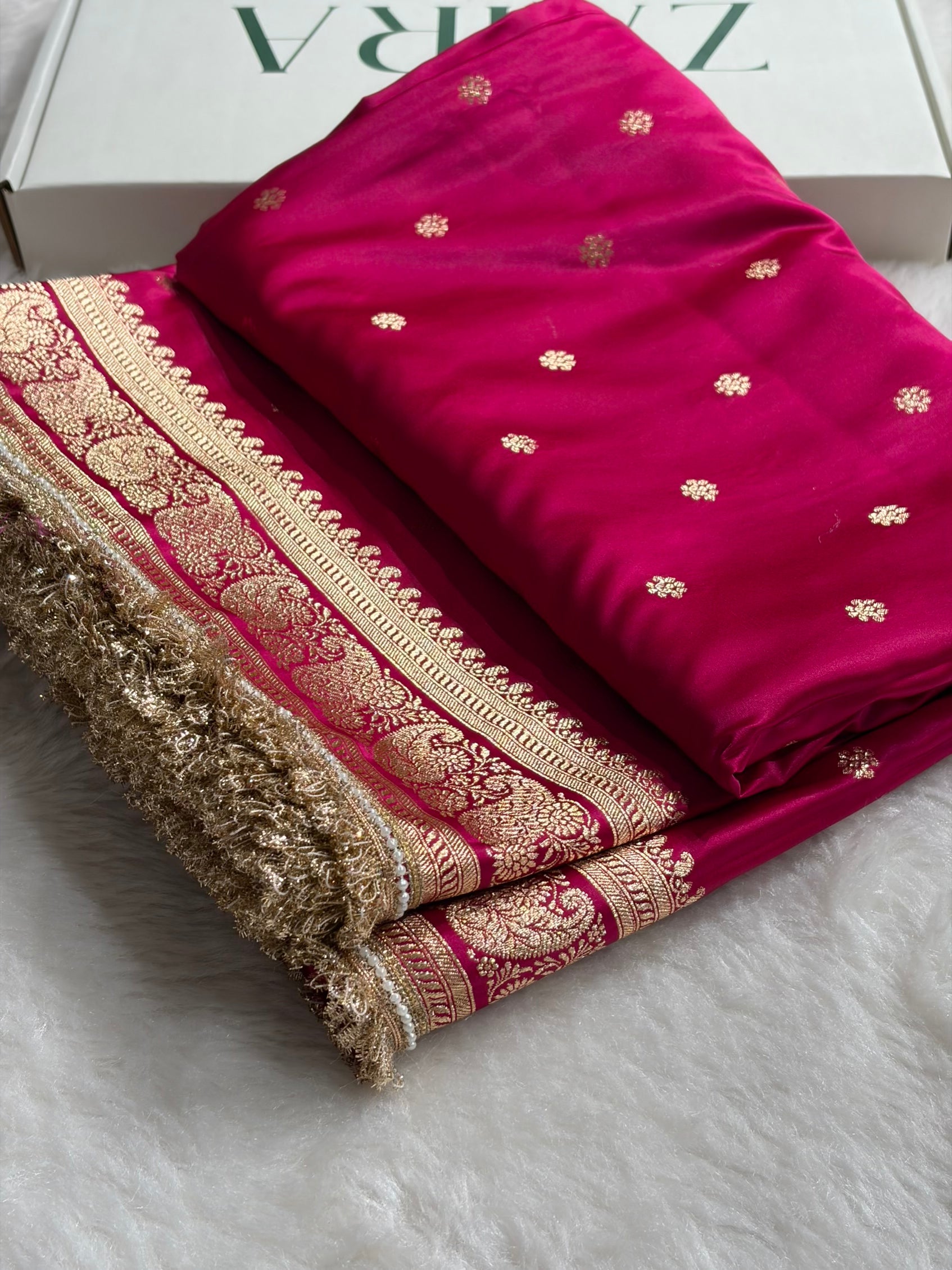 Banarasi Satin Katan Saree With Gotta Patti Boota Pattern in Cross Rani Shades SKGP127