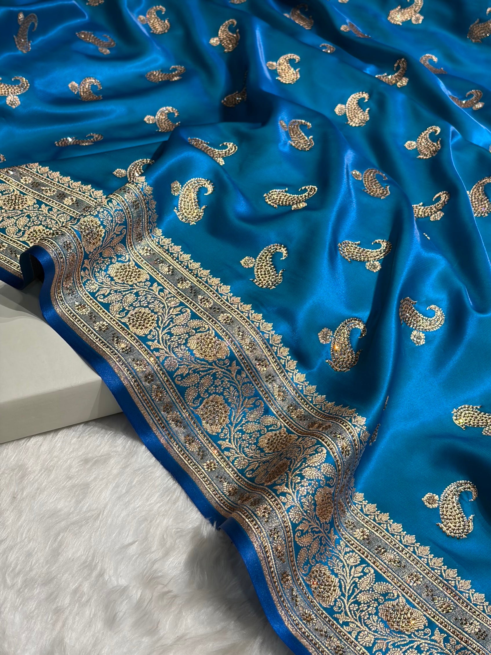 Satin Silk Saree Tredition Banarasi Swarovski Work Floral Boota in Firozi Shades BSS27