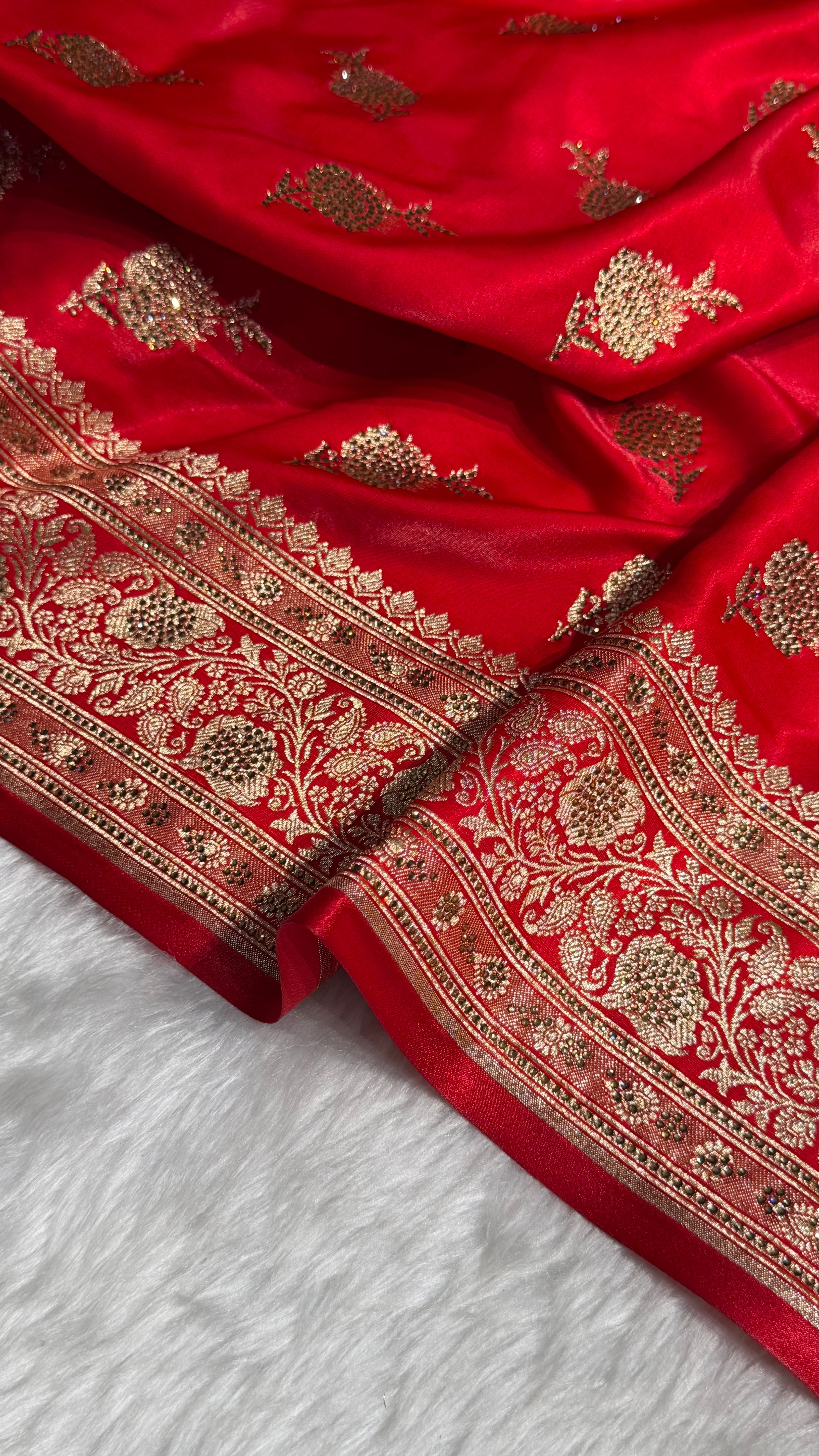 Satin Silk Saree Swarovski Work Floral Boota in Red Shades BSS26