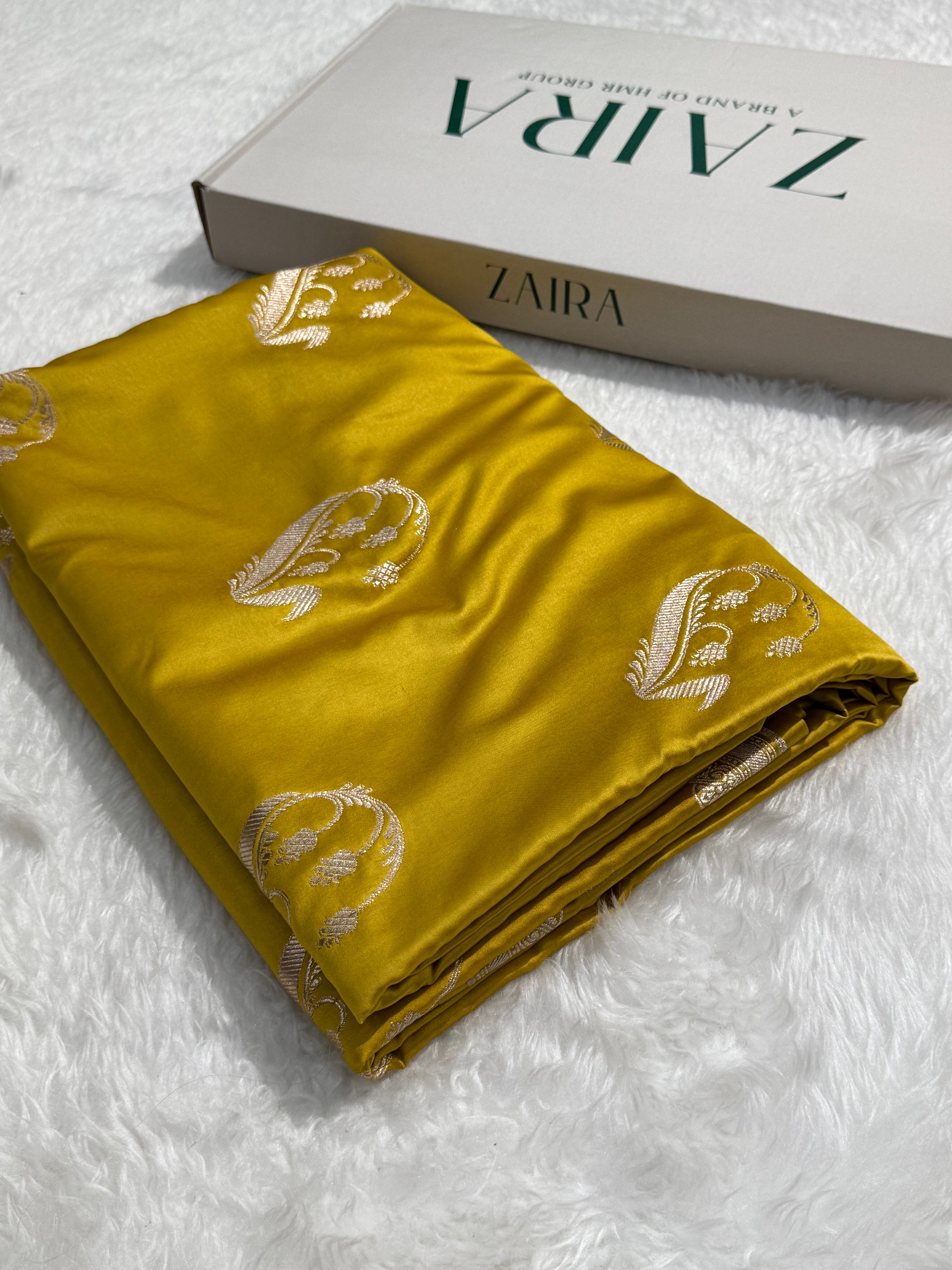 Mustard Unique Boota Motif Mashru Silk Saree